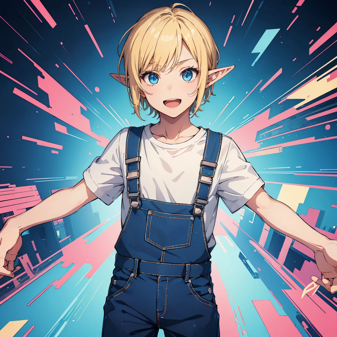 (masterpiece), best quality, expressive eyes, perfect face, (1boy), solo, expressive eyes, (young boy, shota), white shirt BREAK, blue eyes, blue overalls BREAK, smile, pointy ears, elf, open mouth, blonde hair, standing, abstract background, blue Bubbles, pink background