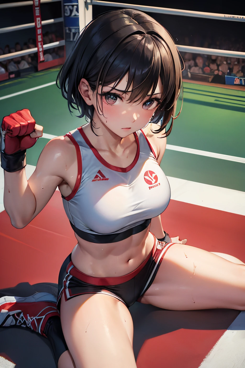(masterpiece), (best quality), high resolution, ultra detailed, 8k, beautiful detailed face, japanese, soft breasts, narrow waist, navel, athletic body, detailed body, detailed face, beautiful, boxing girl, female boxer inside boxing ring, boxing, shorts, ((boxing gloves)), stadium, short hair, black hair, Sweat, wariza, hand between legs, from above, looking up, sitting against the corner,  (crowds cheering), bruise on face