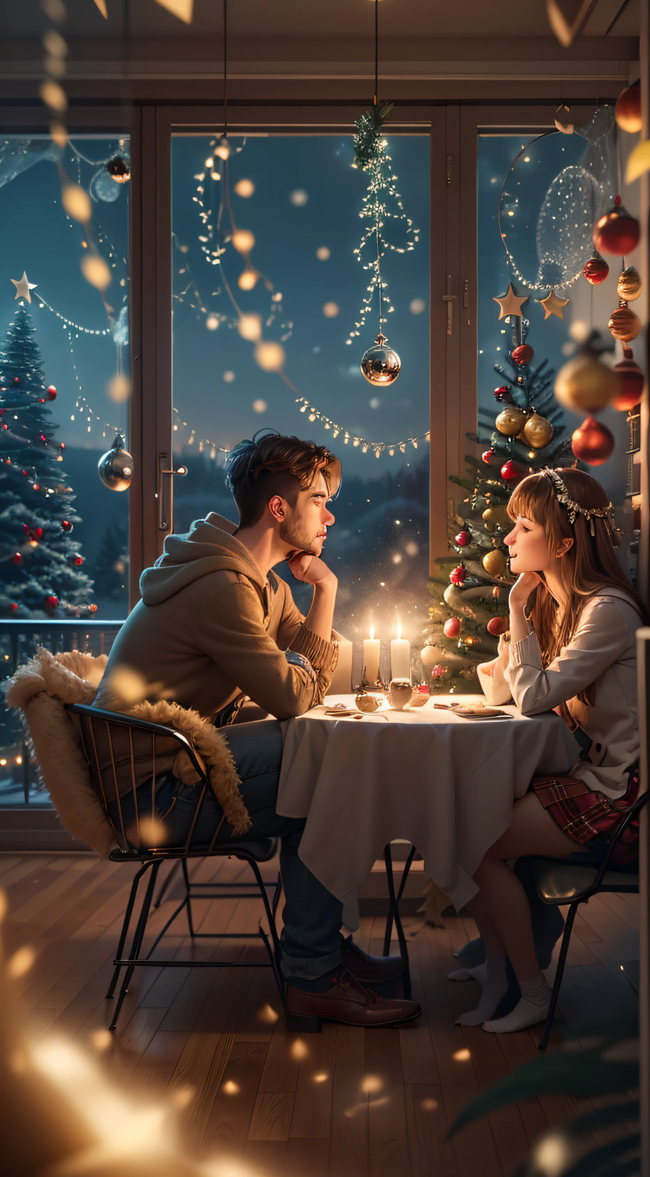 New Year's weather, pre-holiday bustle, today we decided to wait for a miracle together, 1 handsome man and 1 woman waiting for the New Year, living room cute cozy interior, christmas tree, festive table, garland, Masterpiece, ultradetail, Ultra Detailed, hyperrealism full HD, 4k, 8k, wallpapers, Doubleexposure, festive holiday atmosphere, dispersion, dream, Love