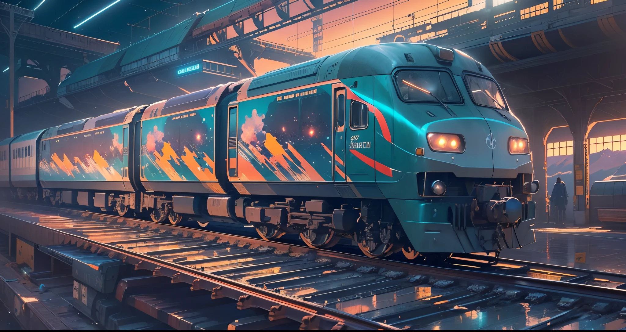 masterpiece, highly detailed, concept art, centered, medium shot, a train that is sitting on a train track, by Makoto Shinkai, deviantart, space art, header text”, kaleidoscopic colors, (epic composition, epic proportion), HD