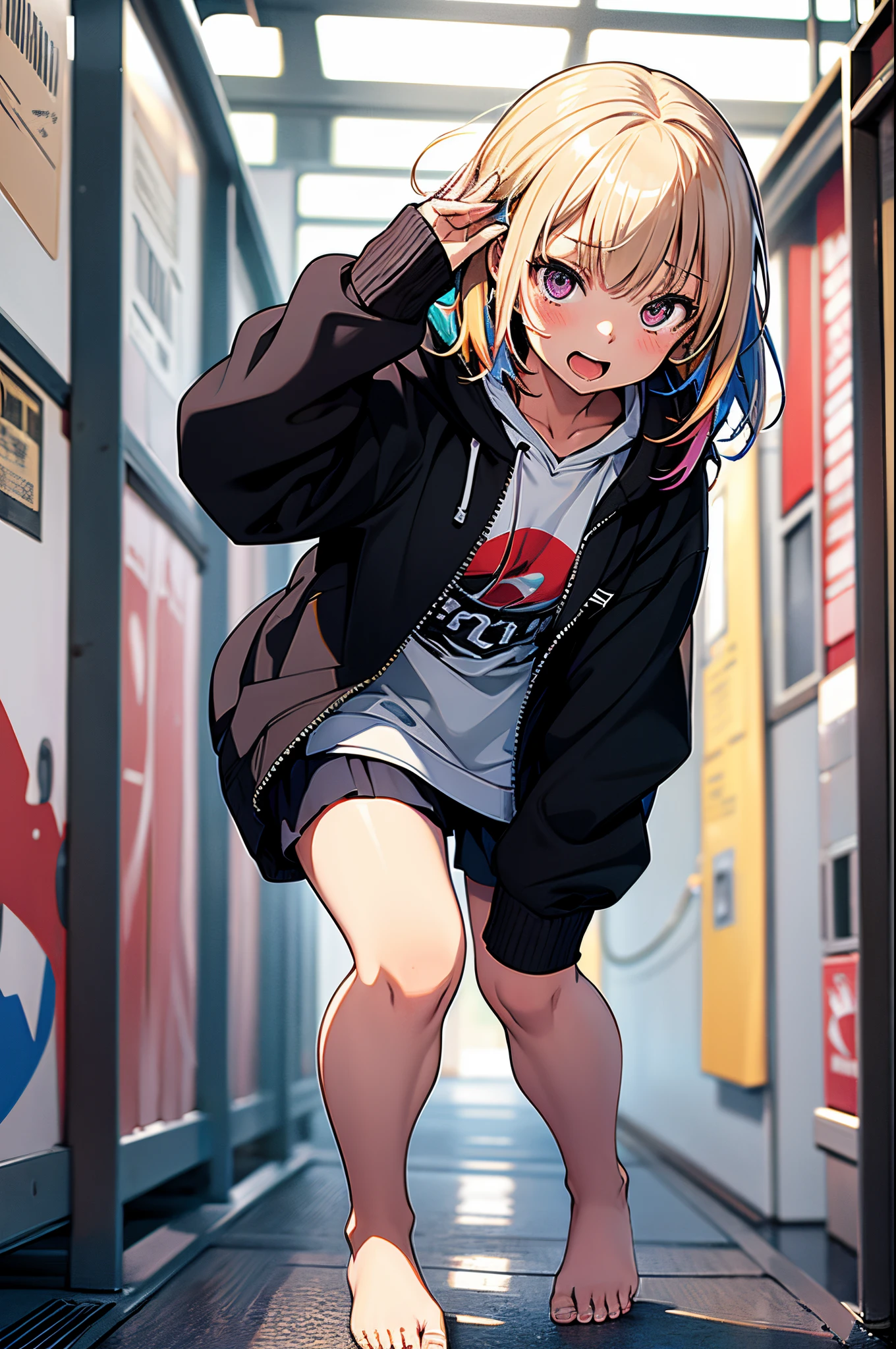 From below 、Salute 、hiqcgbody, Realistic, 1girl in, Full body, ar old,ri, elementl, Loose clothes, Hoodie, Barefoot, Colorful, masutepiece, Best Quality, 8K,Ahegao ( Silly / Sexual ecstasy)