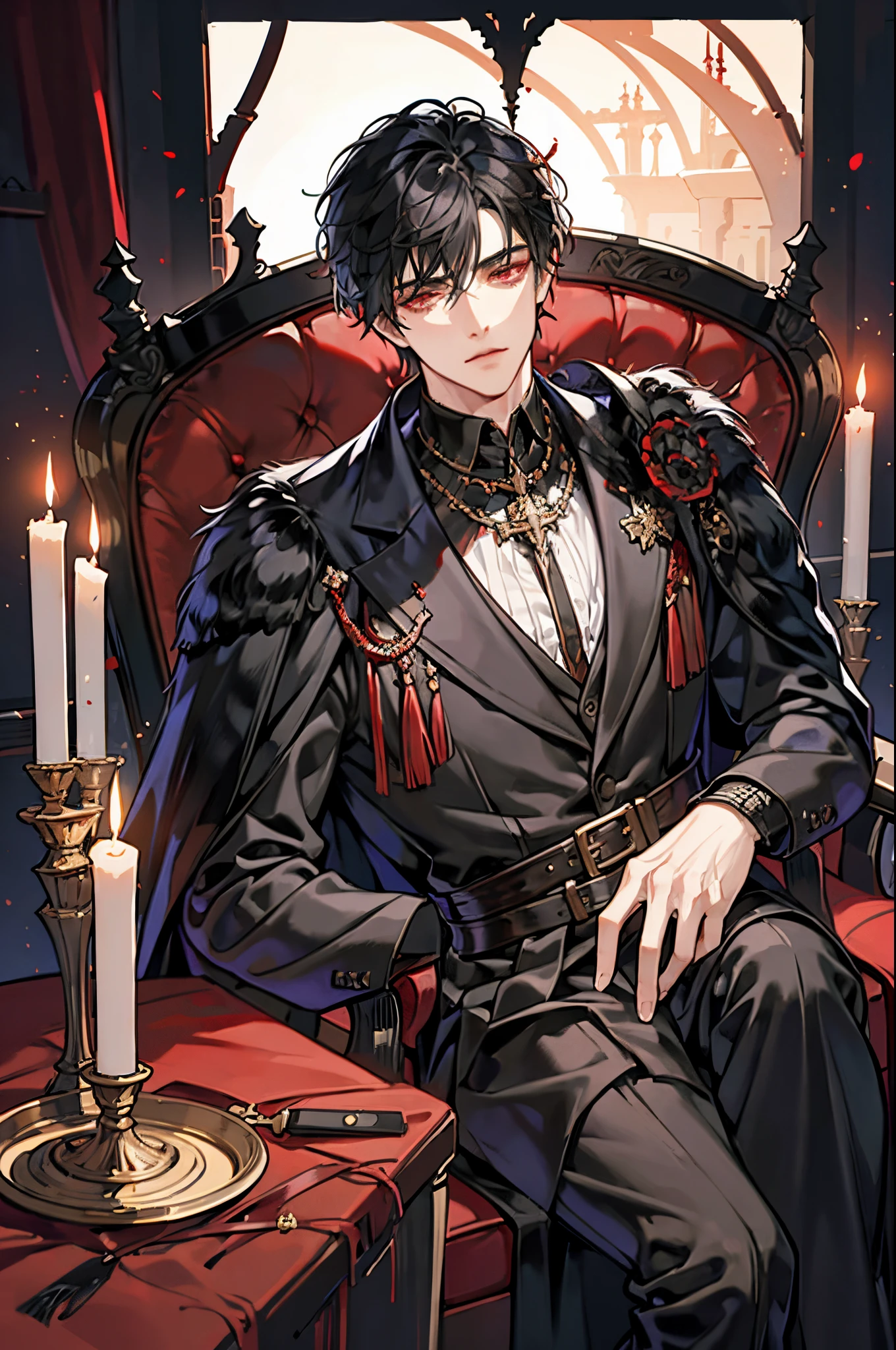 1 male, adult, adult face, short messy black hair with bangs, handsome, blood red eyes, detailed eyes, condescending, arrogant, royalty, tyrannical ruler, medieval fantasy, dark souls, close up, calm, candles background