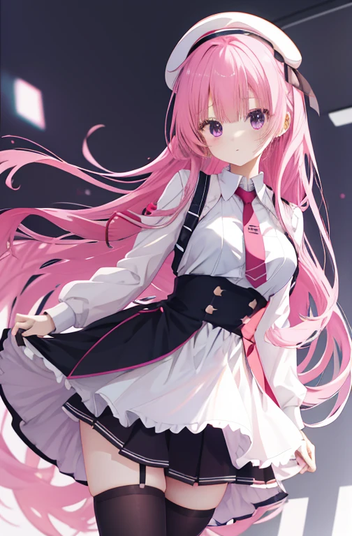 mitsukasa ayas,,tmasterpiece,Best quality at best,A high resolution,with pink hair,mediuml breasts,red color eyes,black micro skirt,White top,black necktie,White stockings,Classroom background