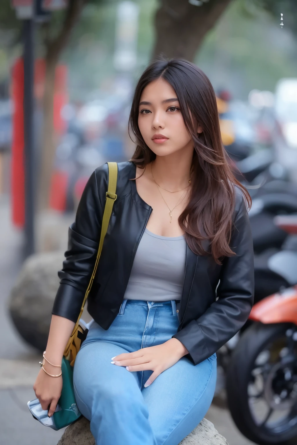 araffe woman sitting on a rock with a motorcycle in the background, nivanh chanthara, a young asian woman, a cute young woman, cropped shirt with jacket, casual photography, attractive girl, wearing casual clothes, cute young woman, wearing casual clothing, leaked image, handsome girl, young asian woman, young and cute girl, young asian girl