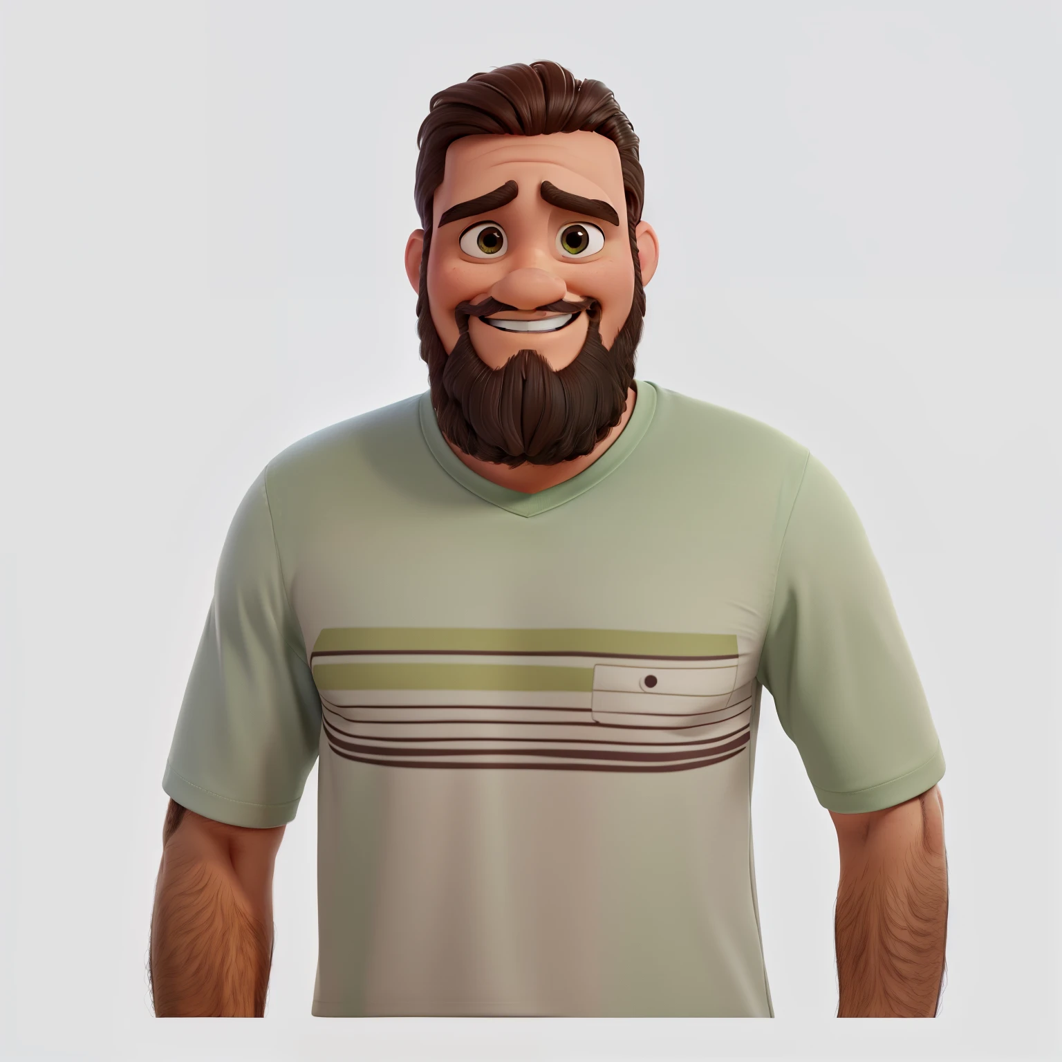 Estilo pixar disney desenho animado, Homem magro, cabelos e barba cor preto, olhos na cor marron, sorrindo dentes afastados, usando camiseta na cor verde.