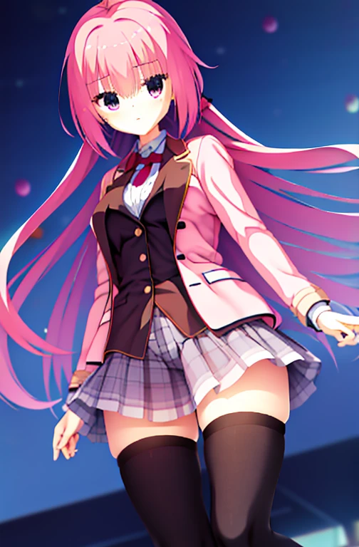 suou sango,<lora:suou sango3:1.0>,1girl, virtual youtuber, solo, thighhighs, pink hair, long hair, skirt, jacket, plaid bow, black skirt, white background, black thighhighs, shirt, hairband, simple background, black shirt, smile, black hairband, looking at viewer, twitter username, white jacket, pleated skirt, very long hair, bangs, purple eyes, open clothes, bow, collared shirt, blush, armband, long sleeves, cardigan, open mouth, blazer, open jacket, school uniform, sleeves past wrists, plaid, plaid bowtie, brown cardigan, blue eyes, hand up, :d,pigtails