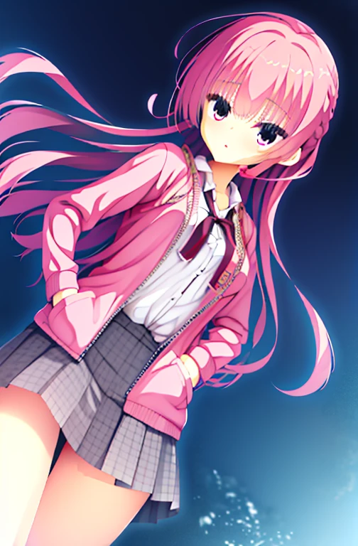 mitsukasa ayas,1个Giant Breast Girl,with pink hair,The city at night,jaket,The shirt,short skirt,Put your hands in your pockets
