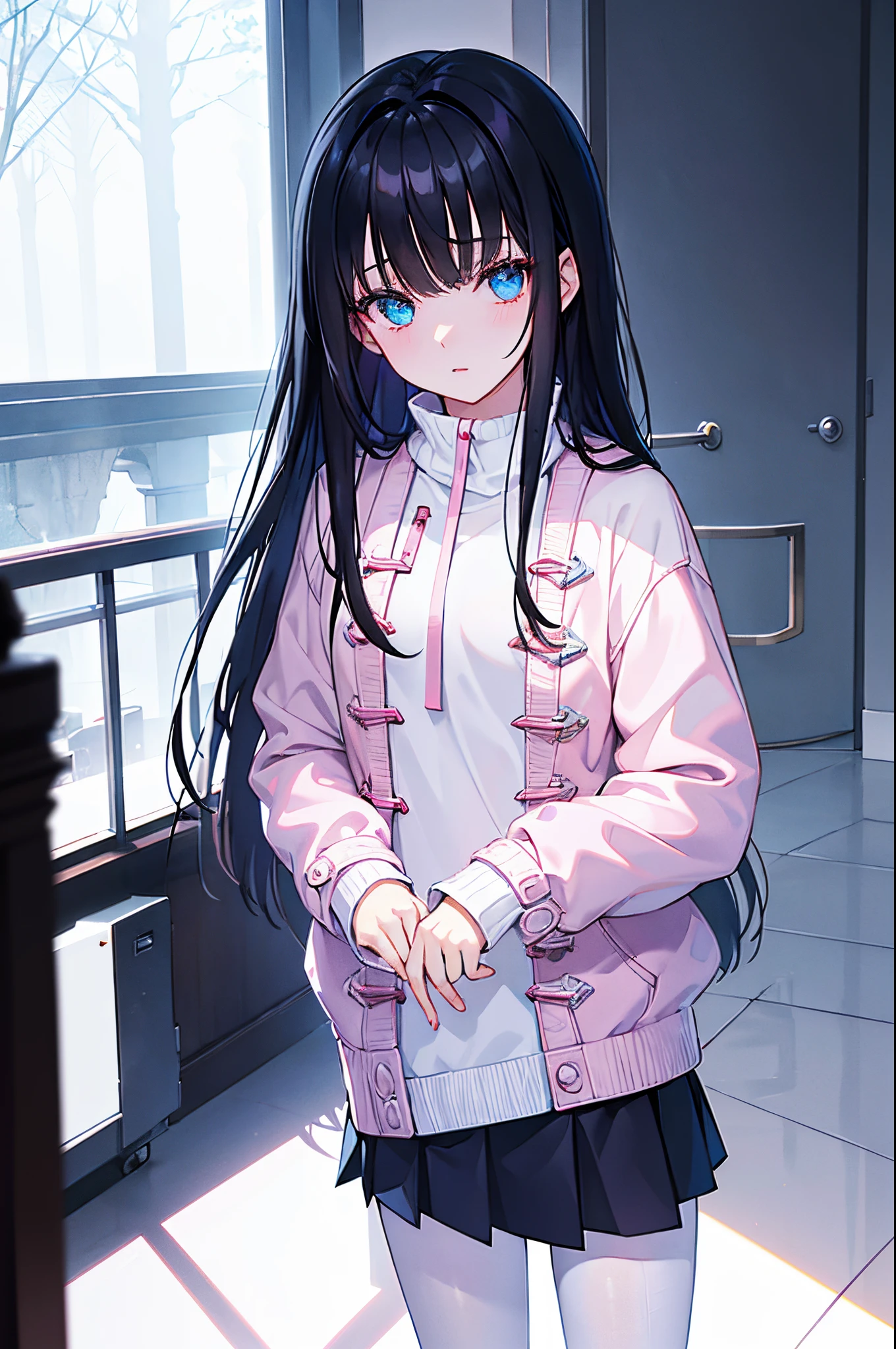 A dark-haired　blue eyess　a miniskirt　Sweaters　White tights　Pink coat　in a house　pension　​masterpiece　Top image quality　Clear 　cinematic shadow　Increased attractiveness of the eyes　Clear the shine of the eyes　Draw eyelashes neatly　Perfect Eye　A detailed eye　Sharpen image quality　Sharpen eye writing　Clear eye shape