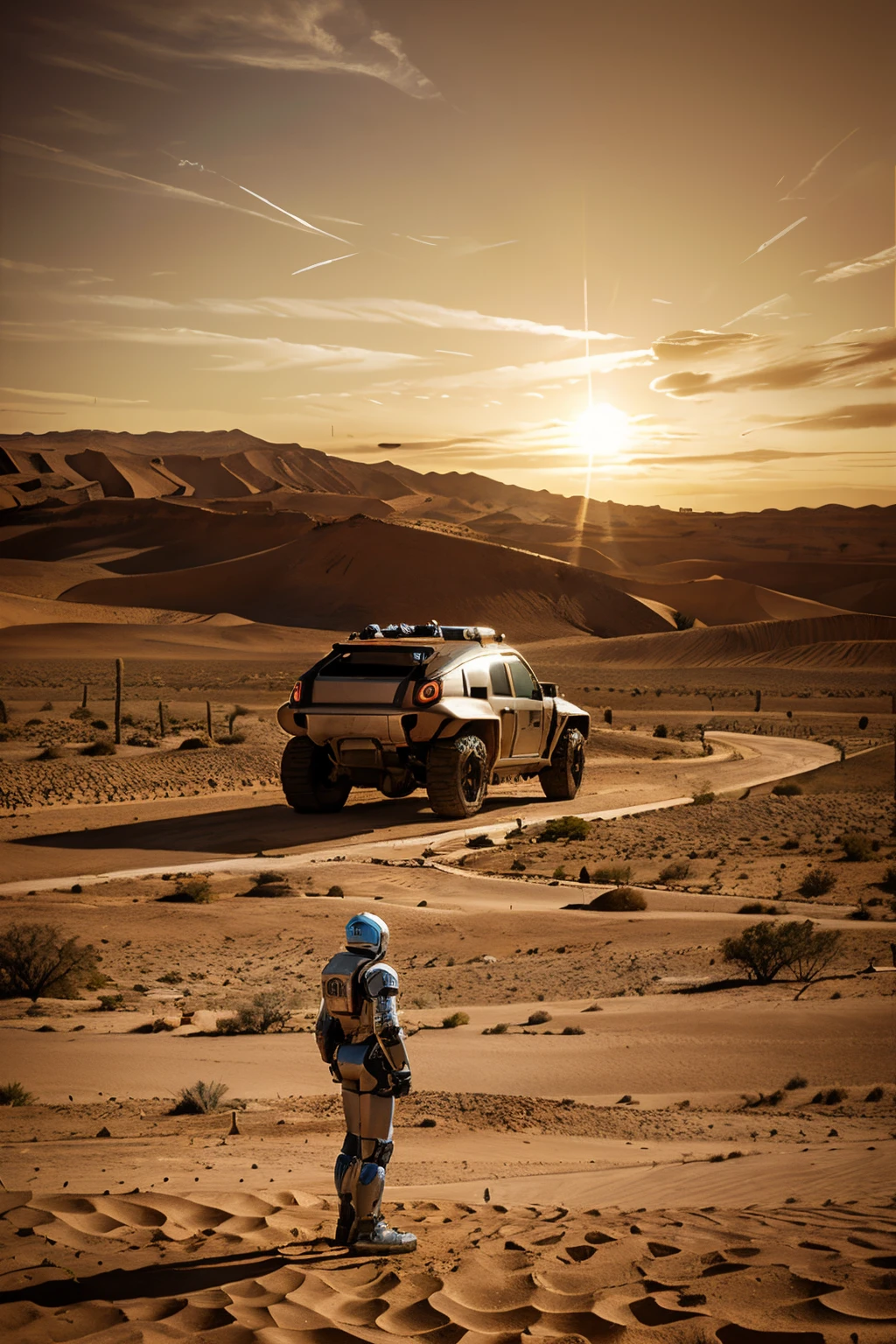 Robot standing in a desert looking at the landscape with a spaceship at its side. Dia ensolarado e uma montanha ao fundo.