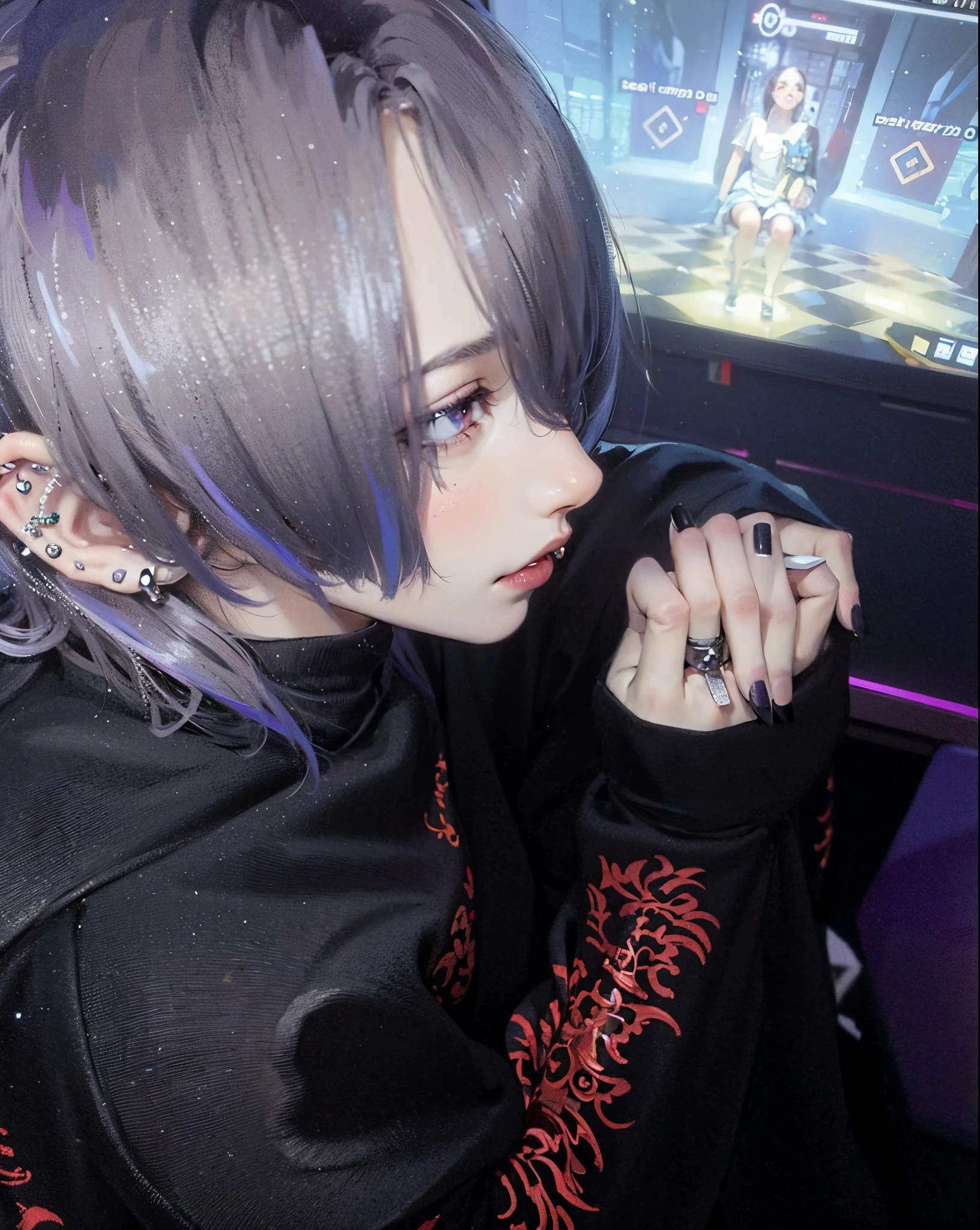 Masterpiece, best quality, high quality, ultra detailed, 1boy, black hair, purple streaked hair, piercings, sitting in front of a TV, the hime cut, 1 7 - - old,th boy, handsome japanese demon boy, black nails, gothic