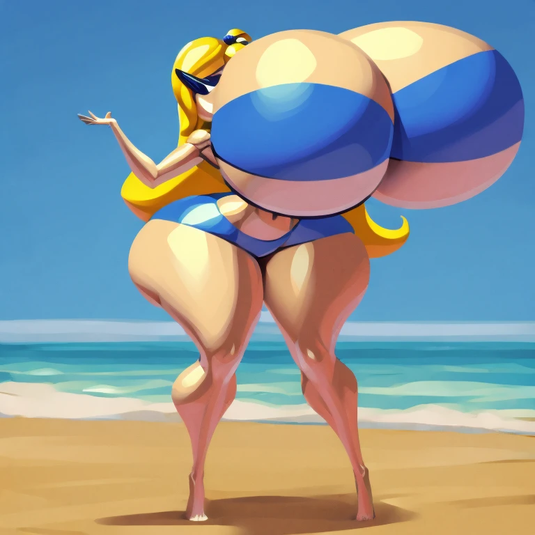 sunnymiamitf, gigantic breasts, narrow waist, wide hips, Sunglasses, teeth, straight hair, very long hair, blonde hair, blue bikini, strapless, g-string thong, beach, gigantic ass, topheavy, bottomheavy