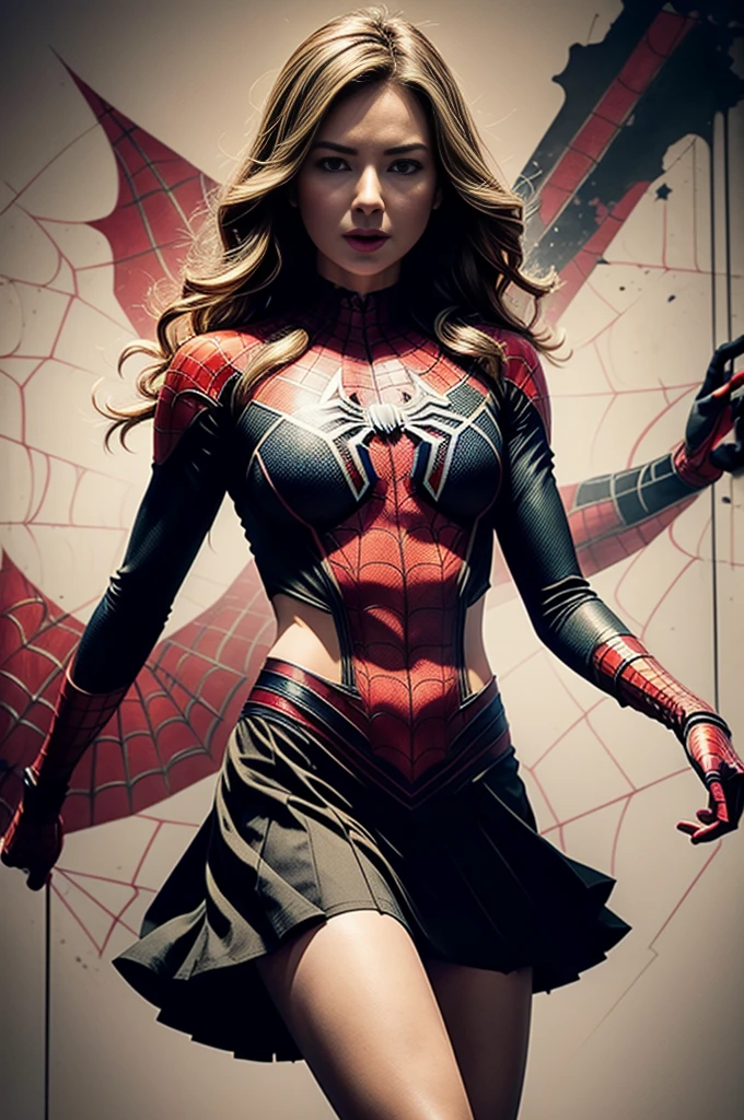 Anne Hathaway、Crouching、Marvel Comics Movie Poster, Very beautiful, movies about spiderman, sexy, whole body, I'm wearing a skirt、premiere date, Poster、belly buttonを突き出す、new york、she&#39;s wearing a torn spiderman suit,the suit is torn、wearing a skirt、 red and black color scheme,dynamic、masterpiece、highest quality、Ultra-detailed、Very detailed、A delicate and beautiful shine、超A high resolution、Cinematic,Break,Breakdrop,(Torn clothes:1.5), (Wet clothes:1.4), Bare shoulders,Real Rain,Wet Hair,belly button、Exposing Skin、Showing off her sexy shoulders