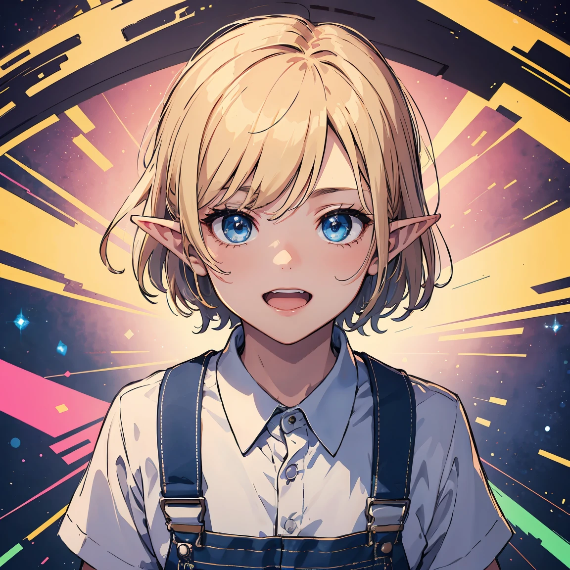 (masterpiece), best quality, expressive eyes, perfect face, (1boy), solo, expressive eyes, (young boy, shota), white shirt BREAK, blue eyes, blue overalls BREAK, smile, pointy ears, elf, open mouth, blonde hair, standing, abstract background, blue Bubbles BREAK pink background BREAK