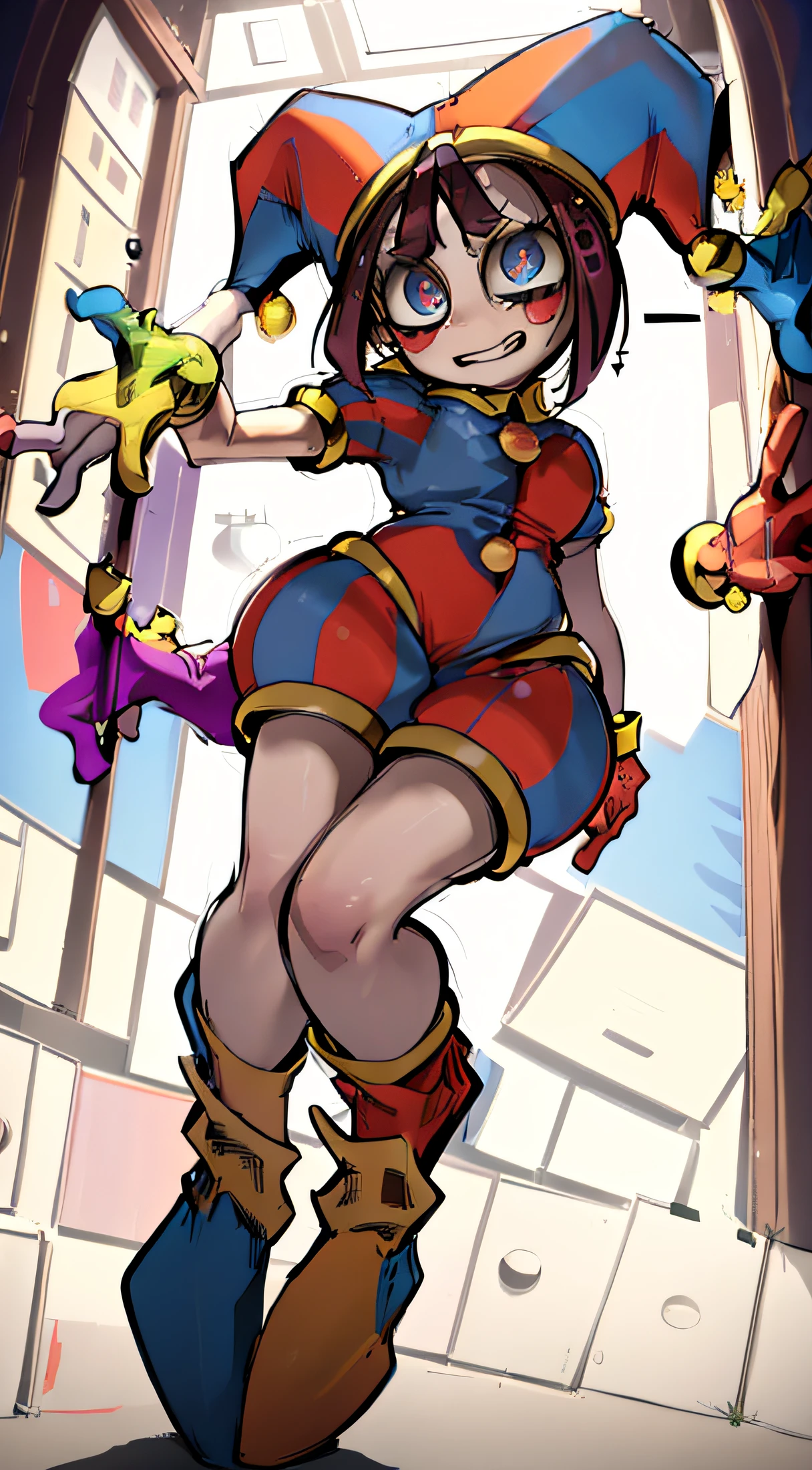 (best quality,4k,8k,highres,masterpiece:1.2),ultra-detailed,realistic:1.37,cartoon,vibrant colors,soft lighting,sketch-like shading,fun expressions,playful atmosphere,whimsical background,comic style,animated characters,bold outlines,comic book vibe,colorful palette,imaginative scenes,captivating storytelling,lively energy,surreal elements,creative compositions,dynamic poses,cute and quirky details,rich textures,clean lines,expressive gestures,engaging interactions,storybook feel,comic strip aesthetics,graphic artistry,humor and wit,fantastic settings,jovial atmosphere,exaggerated features,comic-like effects,animated action,eye-catching visuals,charming narrative. pomni, jester full body
