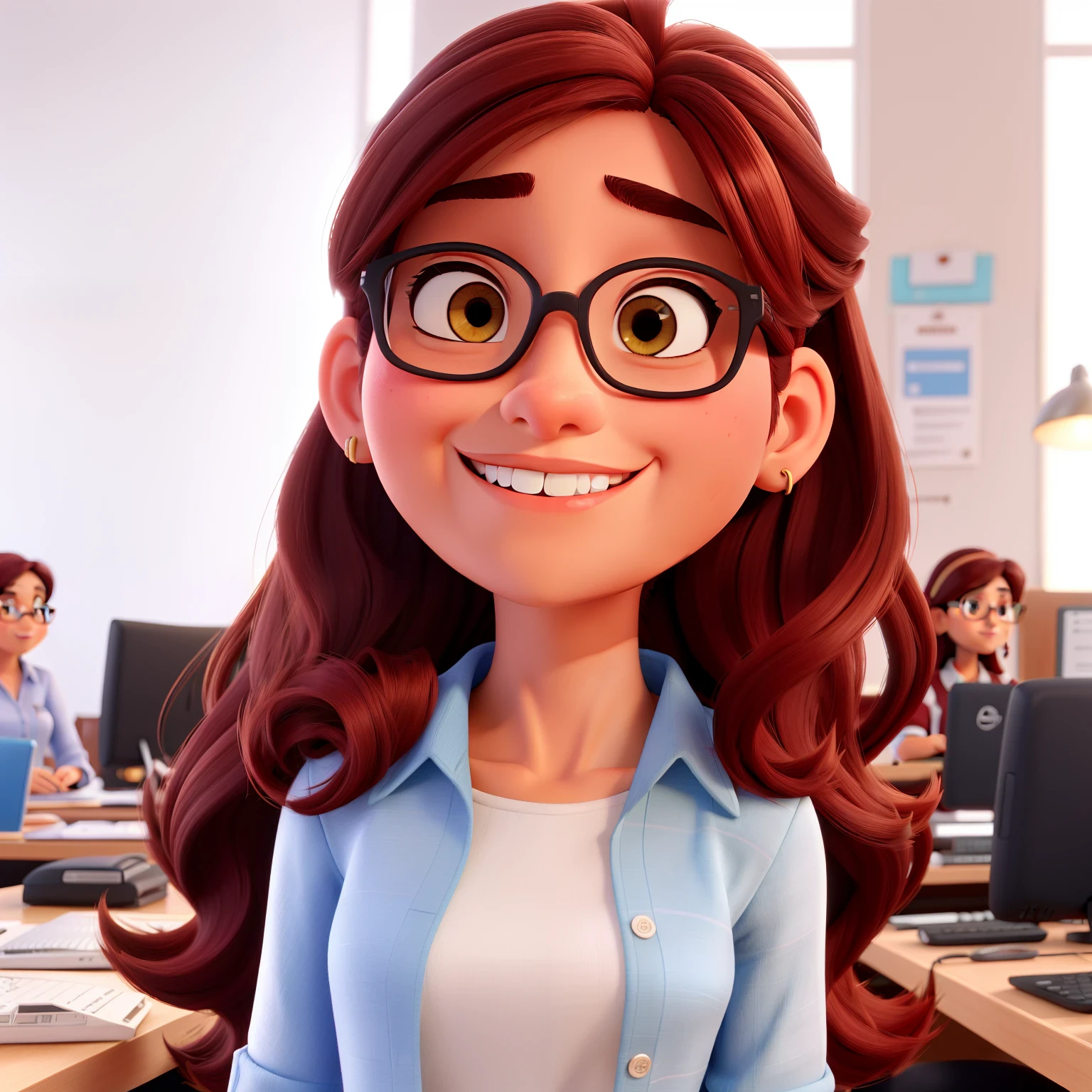 3D Pixar animation of a woman with brown hair , straight , round pink glasses. There is a white computer on the table. She looks happy