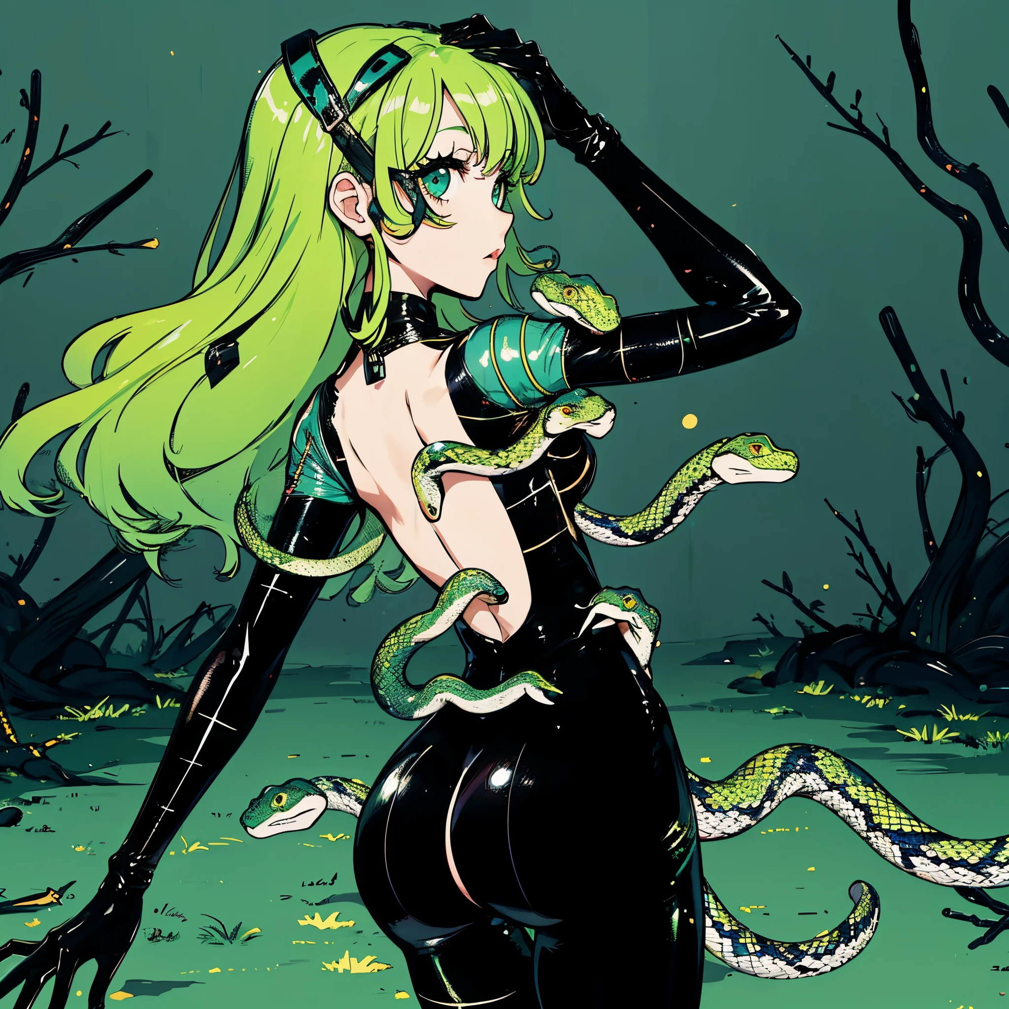 Girl in a bodysuit. she is wearing a cyber style bodysuit. A girl with a snake growing out of her body. she is wearing long black gloves. She has green hair. She has snake eyes.