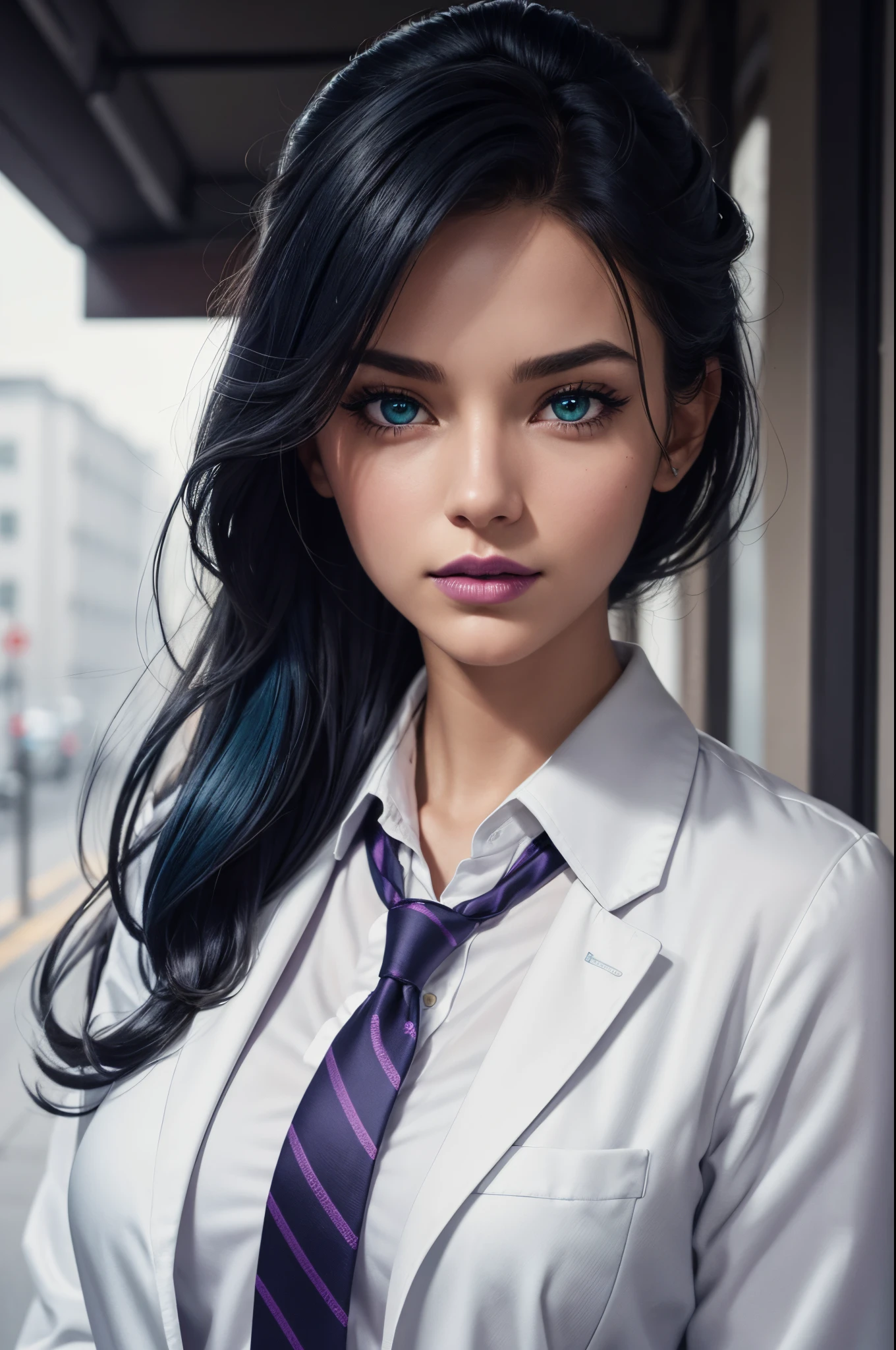 {{{{{masterpiece, best quality, high resolution illustration}}}}}, grey theme, {{{{{{extremely detailed, detailed face, intricate details, lush detail, insanely detailed face, heterochromia}}}}}}, glowing eyes, green eyes, {{{cinematic lighting, natural light}}}, 1girl, {{serious}}, {city}, {{fog}}, city out of glass, {collared shirt}, solo, scientist, lab coat, (name badge:1.3), medical gown, {{white coat}}, {{{gown on shoulders}}}, {red necktie}, tied necktie, {{{dark blue hair}}}, {{disheveled hair}}, {{high detailed notepad on sleeve}}, {{{purple lips}}}, {lipstick on the lips}, mascara, {{{{disheveled hair}}}}, {under a detailed street lamp}, small breasts, nose, medium hair, ponytail, white shirt, pencil in coat pocket.