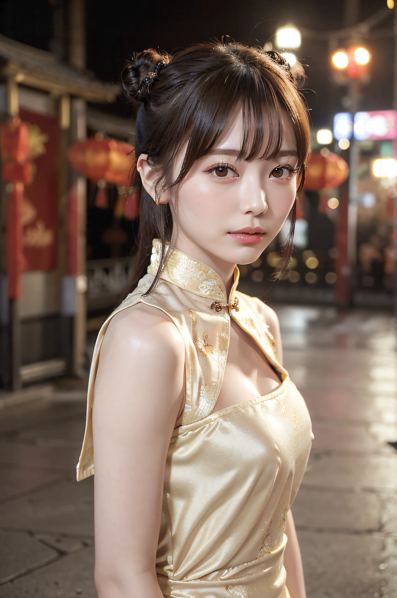 high resolution, 1 beautiful young woman, (soft saturation:1.3), (fair skin:1.2), wearing a white clothes, 85mm lens,f/8.0, background, gyaru, brown hair, medium breasts, BREAK (china street:1.3), 1girl, 18 years old, (china dress:1.5), side-tie peek, (china dress:1.5), double bun and long twin tails, black hair