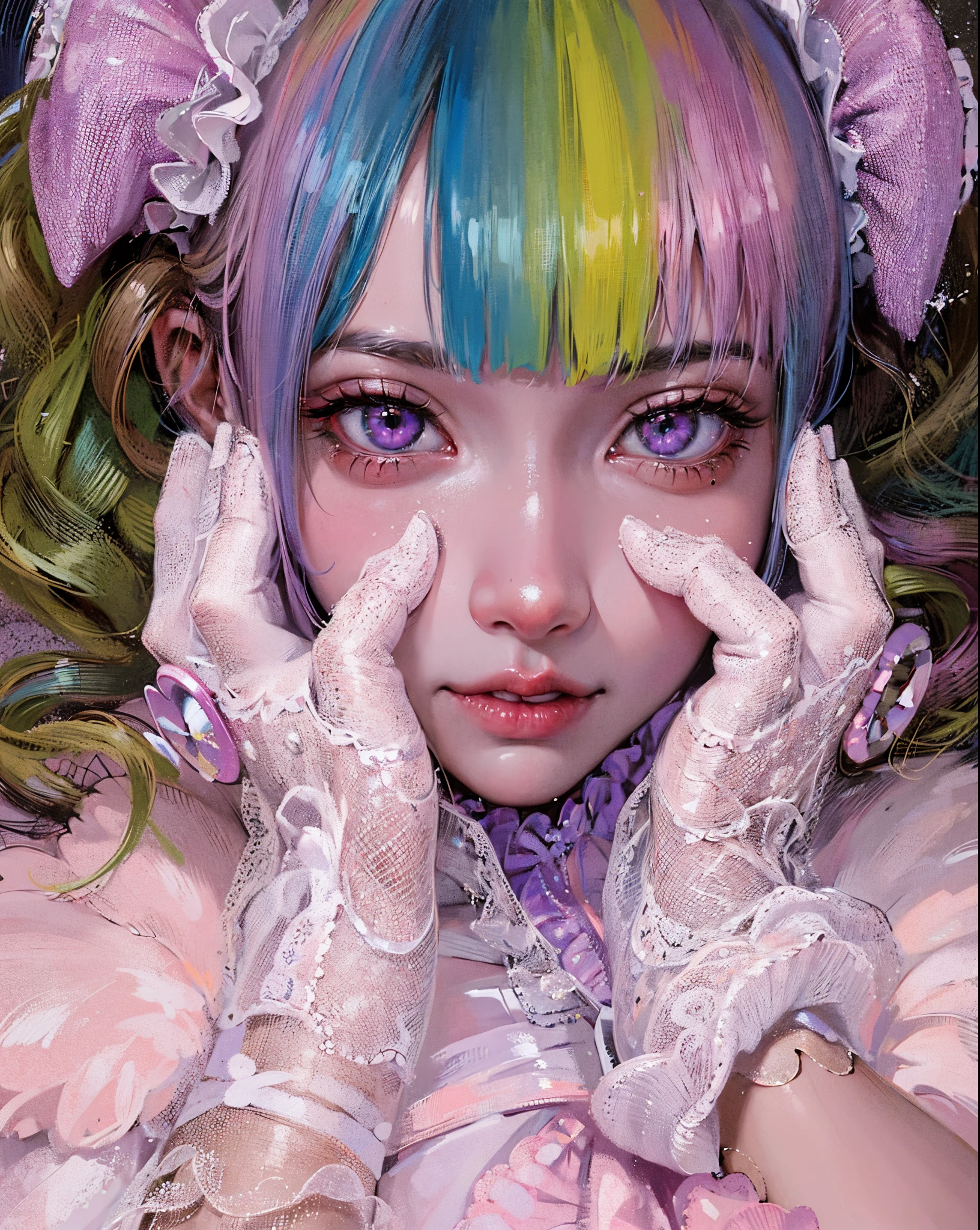 Masterpiece, best quality, high quality, ultra detailed, 1girl, close up, colorful hair, white lace gloves, hands on cheeks, magical lolita girl, kawaii decora rainbowcore, fairycore, pink twintail hair, twin drills, pink eyes, angelic pretty, kawaii portrait, creepy kawaii, dollpunk