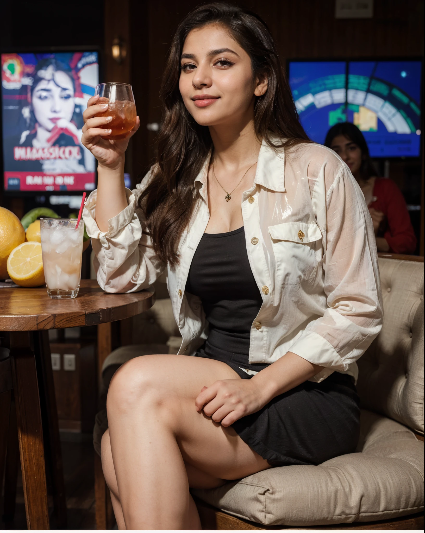 ((Masterpiece)), (8k), ((Realistic)), best quality, RAW, Pakistani girl, thick figure, seductive pose, cute smile, wearing glamorous top , sitting cross-legged,holdings a drink,