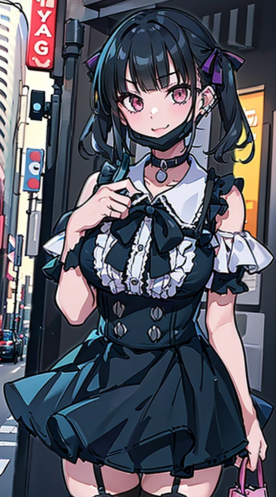 (8K、Top image quality、top-quality、masterpiece)、1 girl in、A dark-haired、short-hair、(Twin-tailed)、waved hair、blunt bangs、Gray eyes、piercings、evilsmile、mask_pull、Moderately breasts、Pink ruffled clothes、off shoulders、a black ribbon、Black miniskirt、fishnet tights、(jirai kei attire)、cowboy shot、((natta))、Downtown background