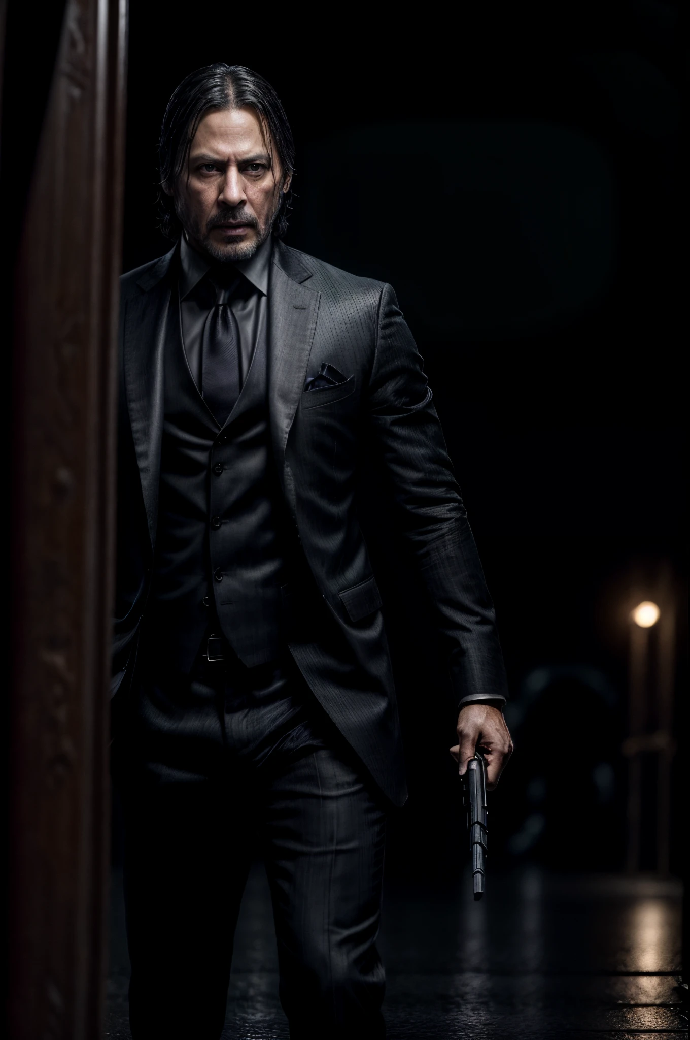 ((highly detailed)), ((8k)), ((ultra-high resolution)), RAW, Realistic, indian actor Shahrukh Khan, as "John wick", holding gun in hand, action scene, Cinematic, Night, Road , Porche car,