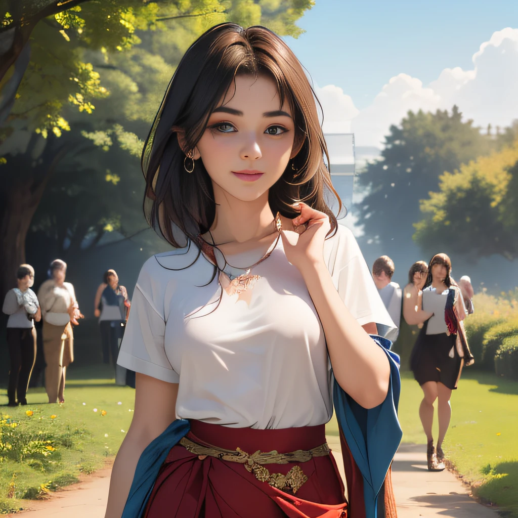 sfw, (Extremely detailed 8k wallpaper:2), (photo:2), (soigne Beautiful girl:2), (gives a lecture to friends:2), detailed (Face and eyes), (hyper realistic:1), (highly detailed:1), (epic realistic:1), rim light, (maximum details:1), cozy, (fullbody:1.0), (looking at viewer:2.0), (Woman's Attractive Qualities:2), (Attractive Woman:2), (Attractive:2), Smile, Intelligence, Empathy, Gracefulness, Sense of Style, Fitness, Grooming, Optimism, (Sensitivity:2), Sincerity, Romantic Gestures, Playfulness, Fashion Sense, (Sensuality:2), Charm, Modesty, Thoughtfulness, (Femininity:1), Flirtatiousness, Warmth, (Physical attractiveness:2), A beautiful smile, A love of life, strength and power, vulnerability, curiosity, wonder, love, (nature background:2), kawaii, waifu, Beautiful breasts, (attractive body:2), (Beautiful body:2), Beautiful pose, attractive pose, (Beautiful legs:1.0), (spread legs:1.0), (Beautiful clothes:1), (classic clothes:2), (elegant clothes:2), (European clothes:2), detailed clothes, (skirt:1), (blouse:1), (provocative pose)