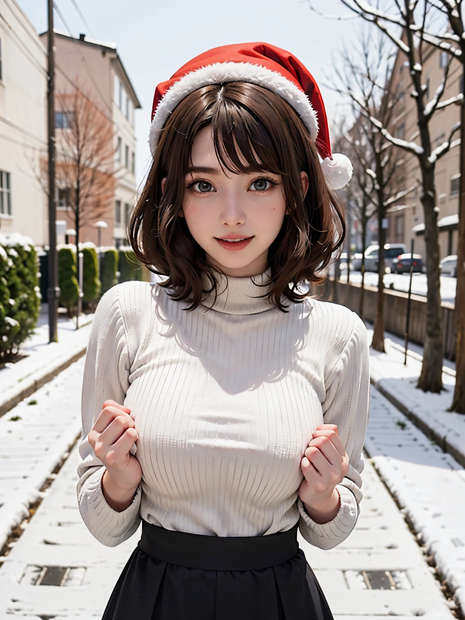 (masutepiece:1.4, top-quality、Very attractive adult beauty with a very cute smile:1.4、Add intense highlights to the eyes:1.4、Look firmly at the camera、Put your right hand on your chest、Beautiful woman full of adult charm:1.4),1girl in, 独奏, Light brown shiny hair, muffler,Santa Claus hat:1.4,realisitic, looking at the viewers, Bright colored crystal light blue eyes:1.4, short shiny hair, Santa Claus Starneck Knit、 Red and white costume of Santa Claus in a turtleneck with a round hole in the center of the chest:1.4,Sexy red and white turtleneck knit sweater with round hole in the center of chest:1.4、 s lips, lipgloss:1.4，bangss, The upper part of the body、big eye、Lashes、The face is a little red:1.4、Embarrassing)、((Canada's tree-lined streets in winter:1.4))、((Brunette's short bob hair with bangs、big eye、Put very strong highlights in your students:1.4、{Gigantic|Big|Huge|Mega} breasts:1.4、very Bigger breasts、gazing at viewer、Very beautiful beauty、Put your ears out:1.4、long neck:1.4、little smiling、Beautiful teeth、Open your mouth and smile:1.4))、28 year old:1.4、Very cute supermodel:1.4、