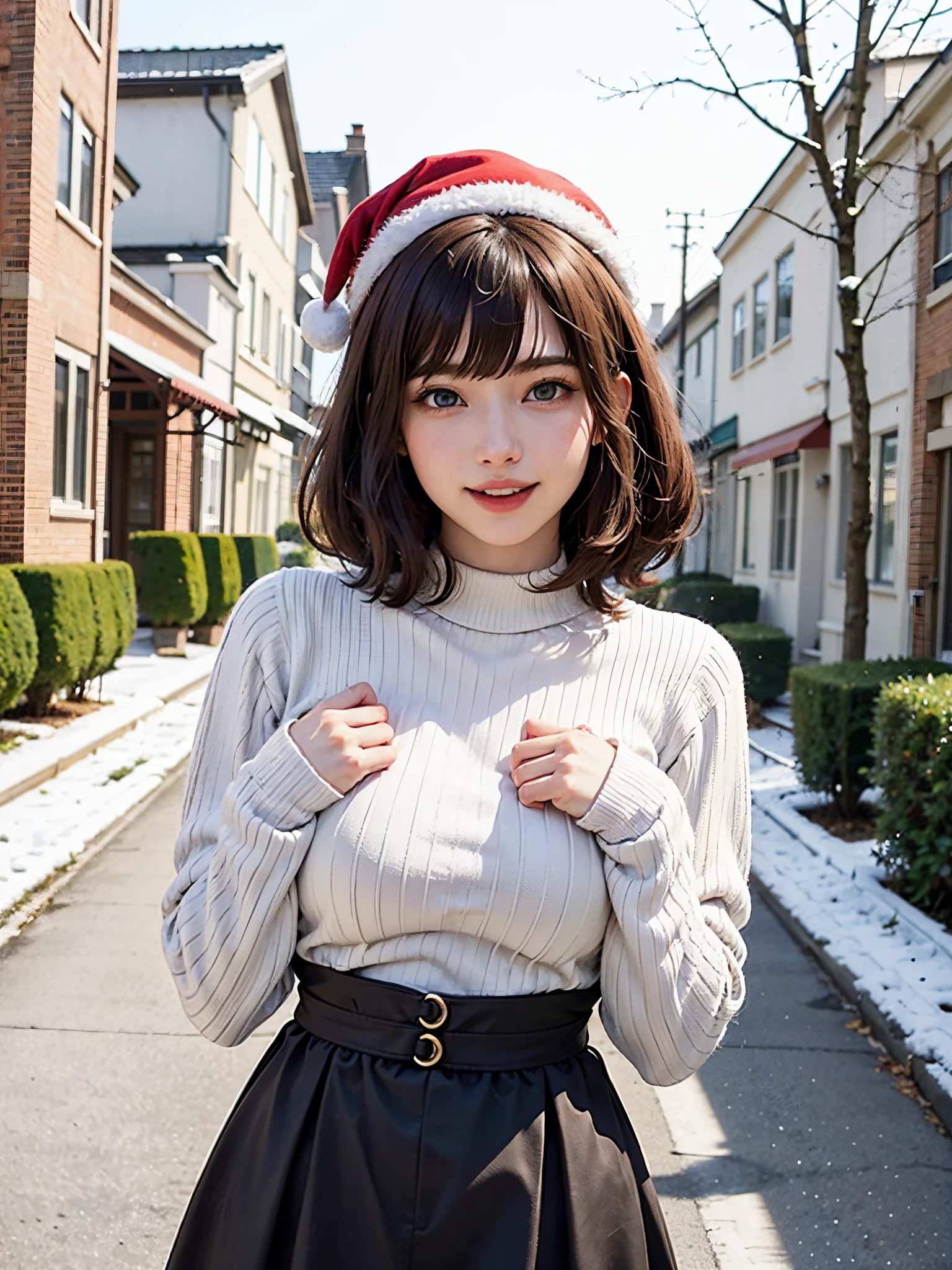 (masutepiece:1.4, top-quality、Very attractive adult beauty with a very cute smile:1.4、Add intense highlights to the eyes:1.4、Look firmly at the camera、Put your right hand on your chest、Beautiful woman full of adult charm:1.4),1girl in, 独奏, Light brown shiny hair, muffler,Santa Claus hat:1.4,realisitic, looking at the viewers, Bright colored crystal light blue eyes:1.4, short shiny hair, Santa Claus Starneck Knit、 Red and white costume of Santa Claus in a turtleneck with a round hole in the center of the chest:1.4,Sexy red and white turtleneck knit sweater with round hole in the center of chest:1.4、 s lips, lipgloss:1.4,bangss, The upper part of the body、big eye、Lashes、The face is a little red:1.4、Embarrassing)、((Canada's tree-lined streets in winter:1.4))、((Brunette's short bob hair with bangs、big eye、Put very strong highlights in your students:1.4、{Gigantic|Big|Huge|Mega} breasts:1.4、very Bigger breasts、gazing at viewer、Very beautiful beauty、Put your ears out:1.4、long neck:1.4、little smiling、Beautiful teeth、Open your mouth and smile:1.4))、28 year old:1.4、Very cute supermodel:1.4、