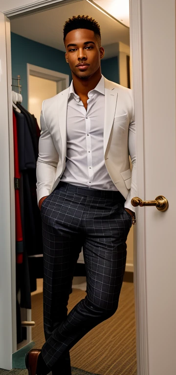 black man in a white shirt and plaid pants standing in a doorway, full body picture, wearing suits!, outfit photograph, dressed well, dressed casually, wearing a suit and tie, wearing a suit, wearing a suits, in his suit, dressed in a suit, outfit photo, well dressed, suit and tie, ready for a meeting, muscles straining against shirt, muscular build, handsome, tight around muscles, showing off pecs, cocky smile