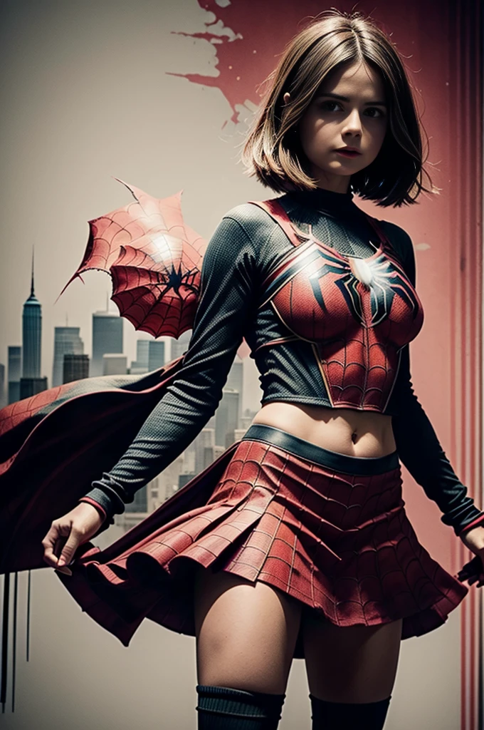 Jenna Louise Coleman、Sticking out the navel、newyork、She wears a torn Spider-Man suit,wearing skirt、 Red and black color scheme,Dynamic、masterpiece、top-quality、ultra-detailliert、ighly detailed、beautiful detailed brilliance、超A high resolution