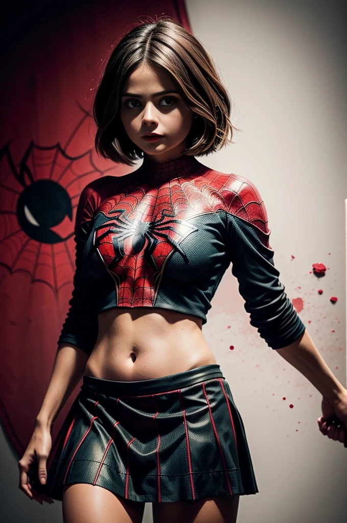 Jenna Louise Coleman、Sticking out the navel、newyork、She wears a torn Spider-Man suit,wearing skirt、 Red and black color scheme,Dynamic、masterpiece、top-quality、ultra-detailliert、ighly detailed、beautiful detailed brilliance、超A high resolution