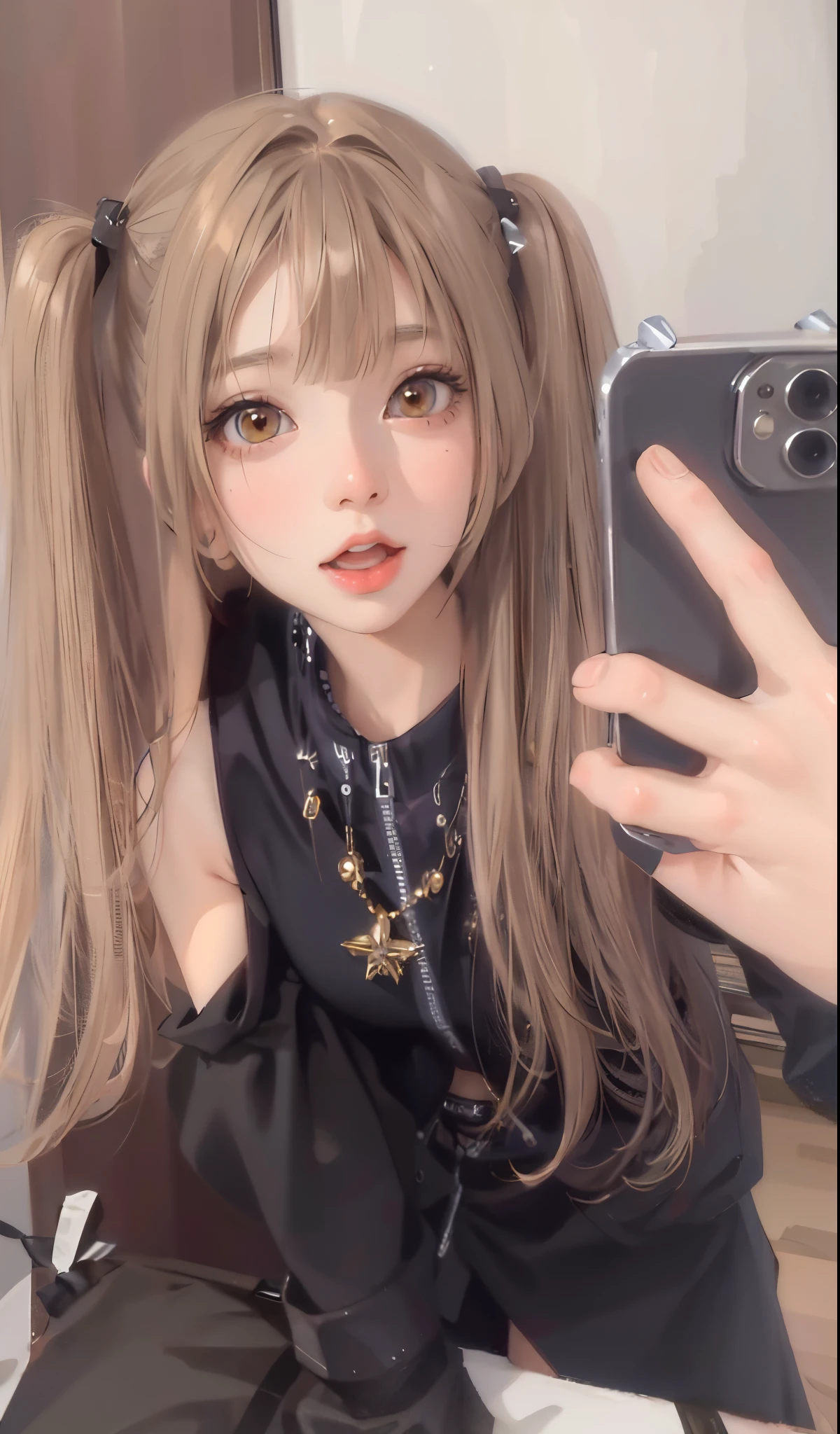 Masterpiece, best quality, high quality, ultra detailed, 1girl, close up, kawaii portrait, light brown hair, long twin-tails, blunt bangs, the hime cut, cute girl, bare shoulders, black outfit, taking a picture of herself in a mirror,