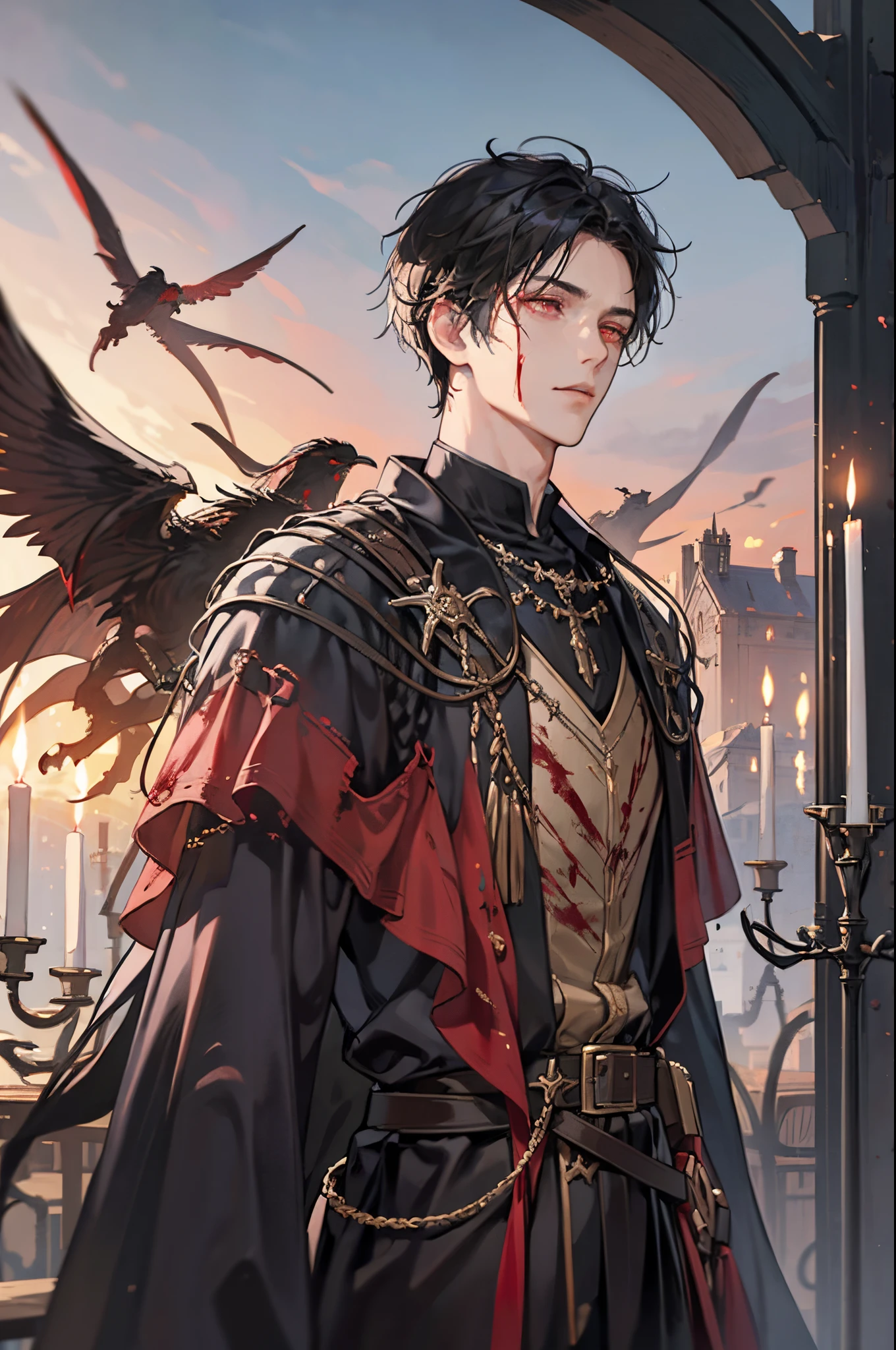 1 male, adult, adult face, short messy black hair with bangs, handsome, blood red eyes, detailed eyes, condescending, arrogant, royalty, tyrannical ruler, medieval fantasy, dark souls, close up, condescending, candles background