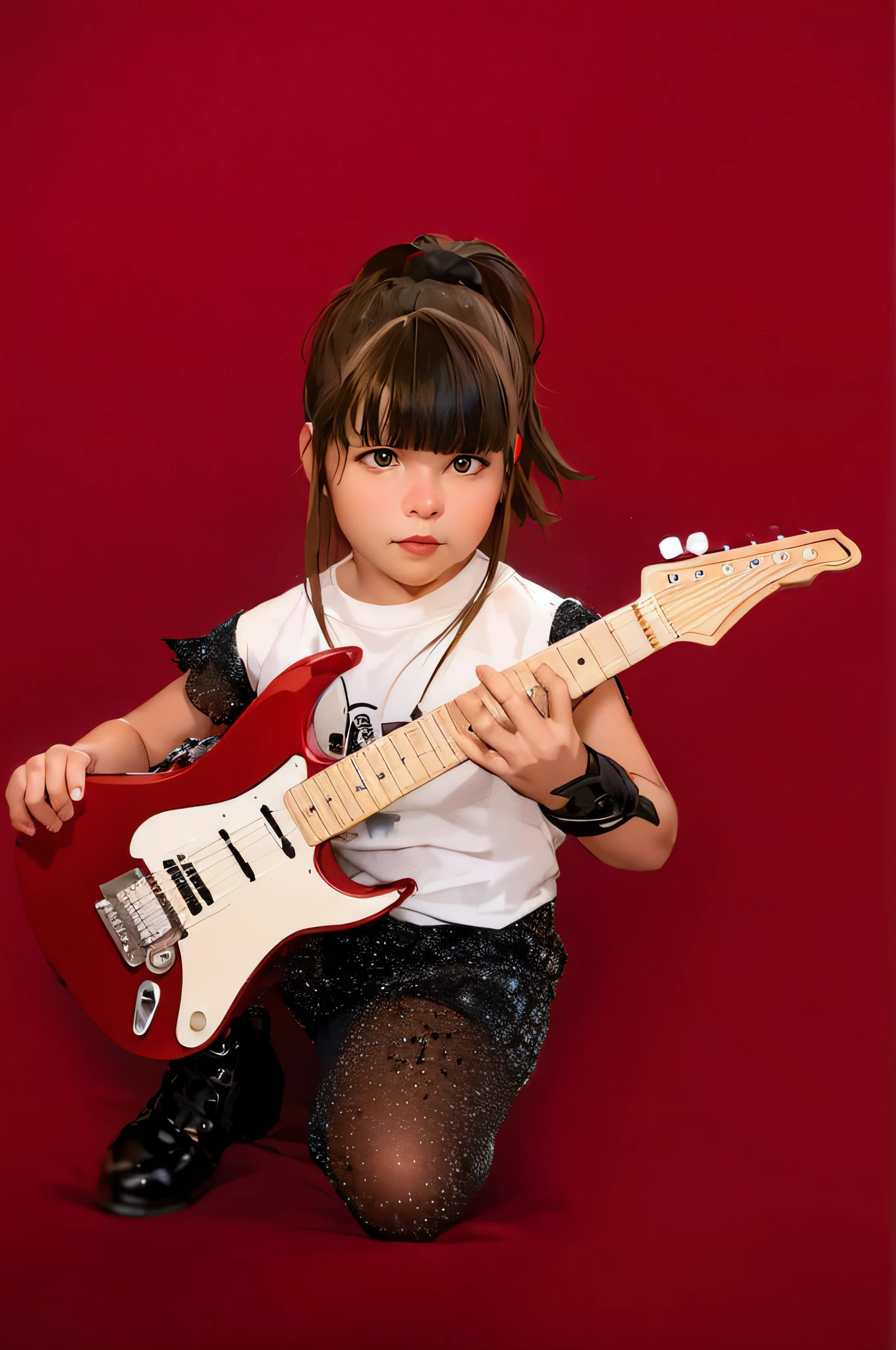 garota estilo desenho pixar com uma guitarra  sentado em um fundo vermelho, the girl plays the guitar, holding Electric Guitar, holding electric guitars, holding a electric guitar, holding an electric guitar, rocking out, holding a guitar, estrela do rock, guitarrista, garotinha punk, menina do rock sonhadora, acoustic guitar, playing electric guitar, playing a guitar, segurando guitarras, playing the guitar