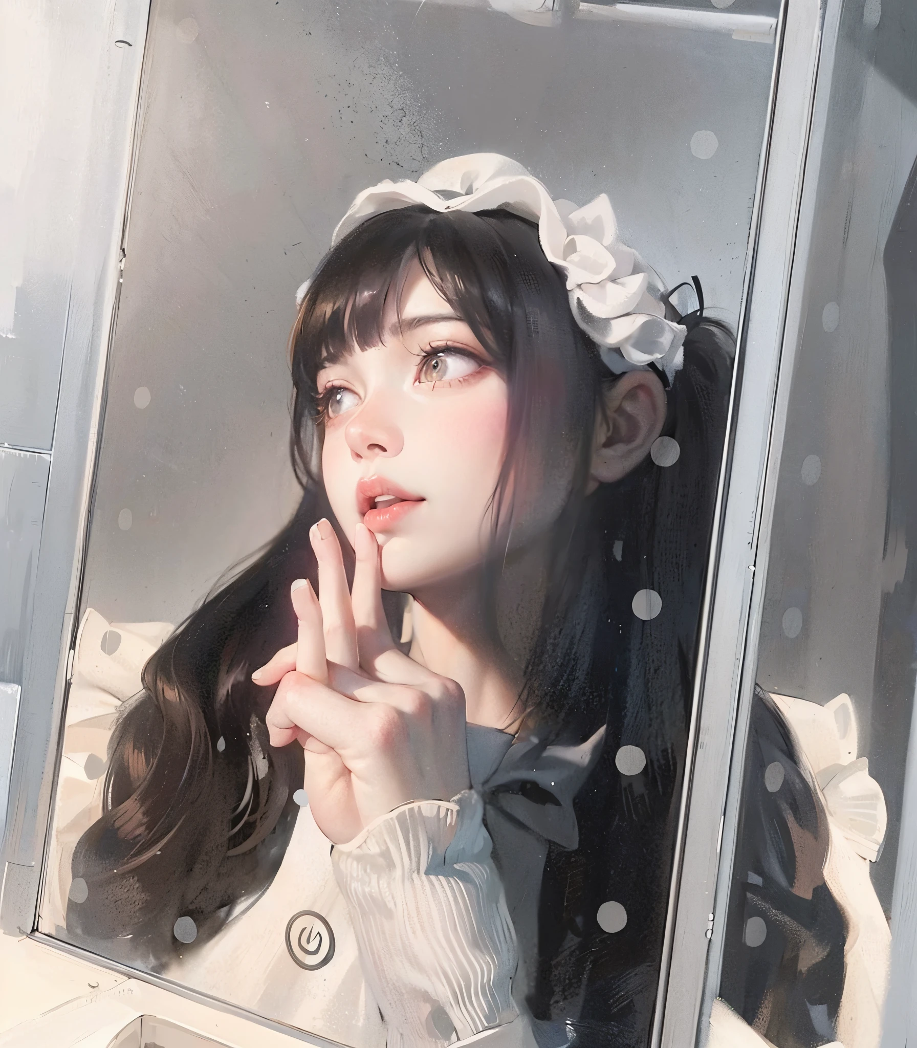 Masterpiece, best quality, high quality, ultra detailed, 1girl, girl in the mirror, looking other, kawaii, white Lolita dress, head dress, hime cut hairstyle, brown hair, twin-tails