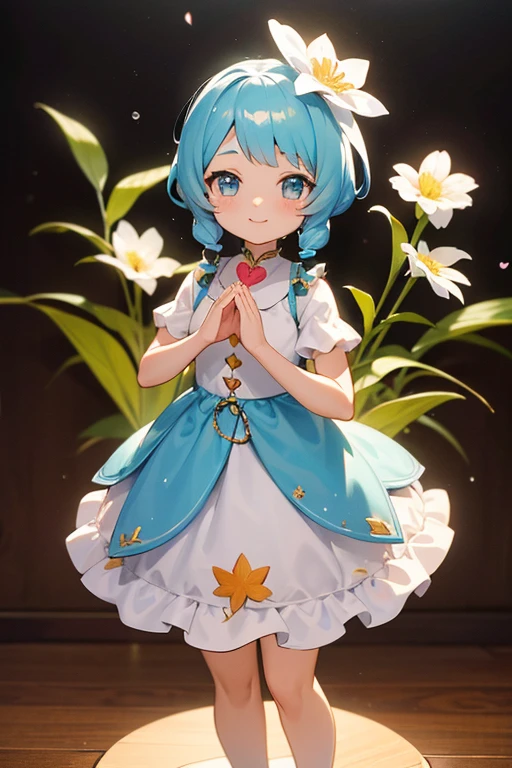 photoRealstic、Nendroids in wedding dress standing in front of the painting、Open mouth and big smile、watercolor Nendoroid、(High Definition Figure)、Flowing iridescent silk、up of face、Eye Up、Colorcon with heart pattern、Floral dress、There are also flowers in front of the nendroids、flower petals、season!!: 夏天☀ 🍂