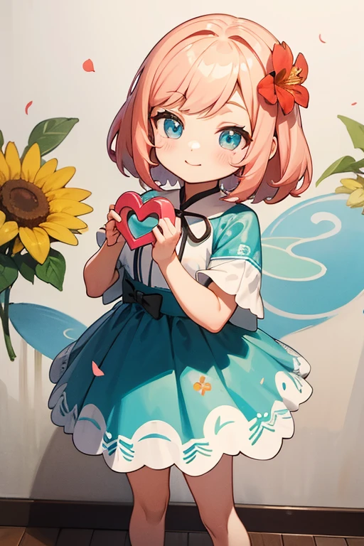 fotoRealstic、Doll standing in front of painting（Nendroid）、um sorriso、Water droplets on the cheeks、Make a heart with both hands in a cute pose、aquarela Nendoroid、(High Definition Figure)、Seda iridescente fluindo、para cima do rosto、De olho、Colorcon with heart pattern、vestido floral、There are also flowers in front of the Nendroids、flower petals、season!!: 夏天☀ 🍂