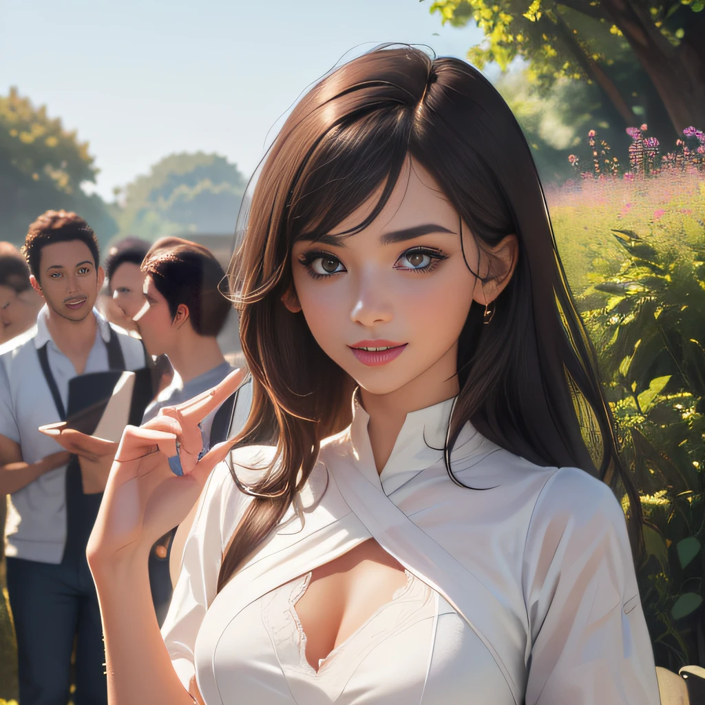 sfw, (Extremely detailed 8k wallpaper:2), (photo:2), (soigne Beautiful girl:2), (gives a lecture to friends:2), detailed (Face and eyes), (hyper realistic:1), (highly detailed:1), (epic realistic:1), rim light, (maximum details:1), cozy, (fullbody:1.0), (looking at viewer:2.0), (Woman's Attractive Qualities:2), (Attractive Woman:2), (Attractive:2), Smile, Intelligence, Empathy, Gracefulness, Sense of Style, Fitness, Grooming, Optimism, (Sensitivity:2), Sincerity, Romantic Gestures, Playfulness, Fashion Sense, (Sensuality:2), Charm, Modesty, Thoughtfulness, (Femininity:1), Flirtatiousness, Warmth, (Physical attractiveness:2), A beautiful smile, A love of life, strength and power, vulnerability, curiosity, wonder, love, (nature background:2), kawaii, waifu, Beautiful breasts, (attractive body:2), (Beautiful body:2), Beautiful pose, attractive pose, (Beautiful legs:1.0), (spread legs:1.0), (Beautiful clothes:1), (classic clothes:2), (elegant clothes:2), (European clothes:2), detailed clothes, (skirt:1), (blouse:1), (provocative pose)