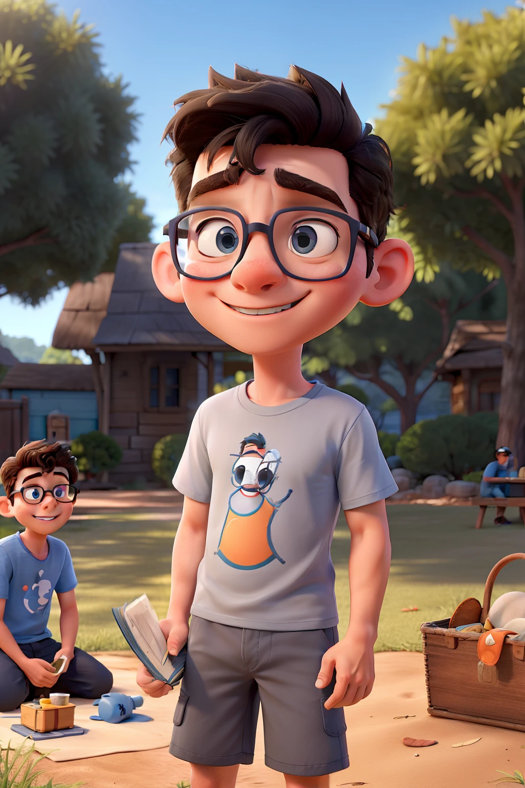 A realistic Disney movie cover with a boy wearing light gray glasses wearing a sthit t-shirt with light blue shorts having a picnic reading a book, o menino com olhos castanhos e cabelo preto, with the title "A vida do menino"