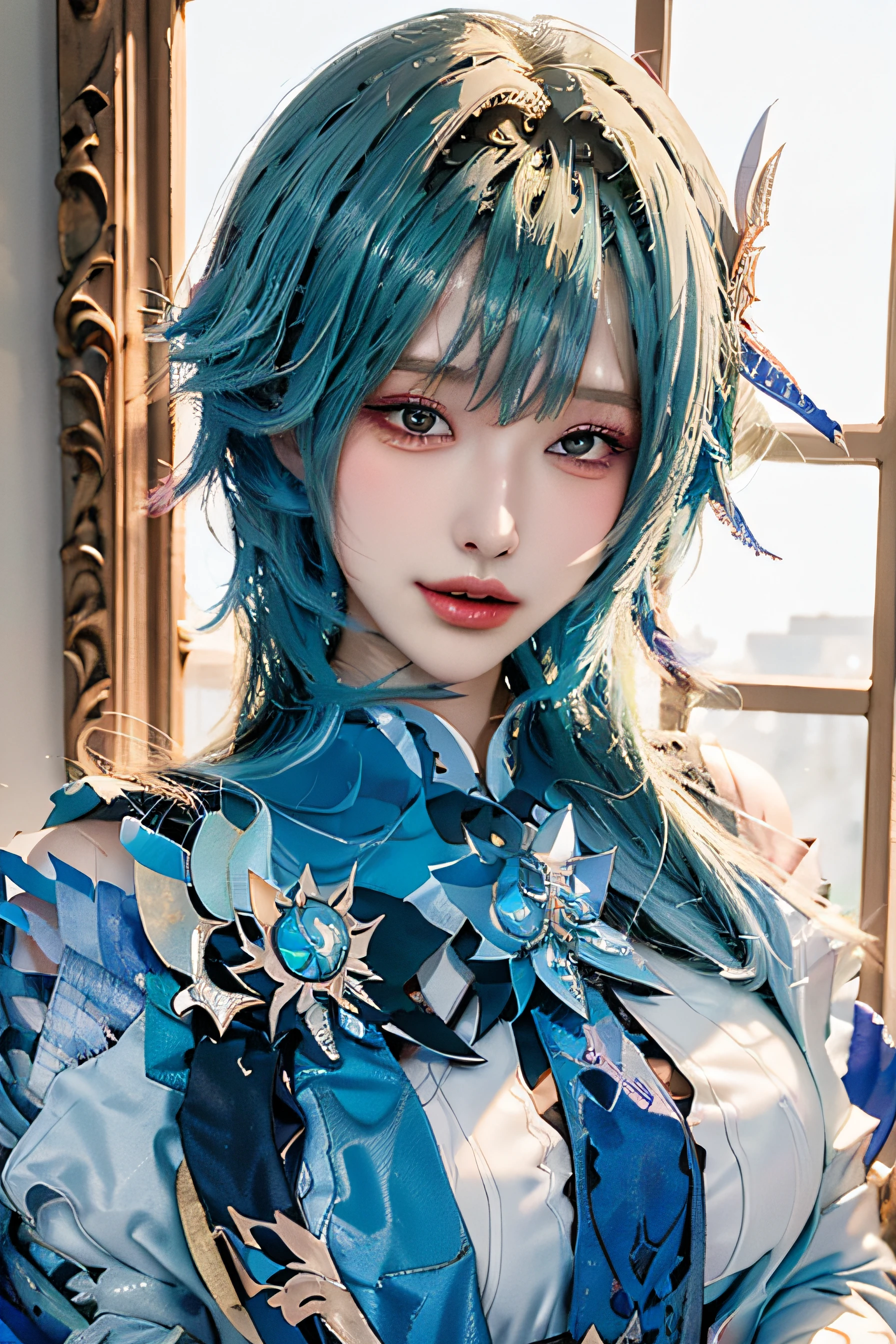 Beauty of a goddess, slim face, beautiful woman, 1girl, solo, (masterpiece:1.2), best quality, eula, genshin, high detailed, 8K resolution, looking at viewers, eula from genshin impact, indoor, hairband, blue hair, necktie, cape, ((( vision \(genshin impact\) ))), long sleeves, gloves, sidelocks, (smiling), slender figure, ((wide beautiful eyes)), ((a close up portrait, head to bust))