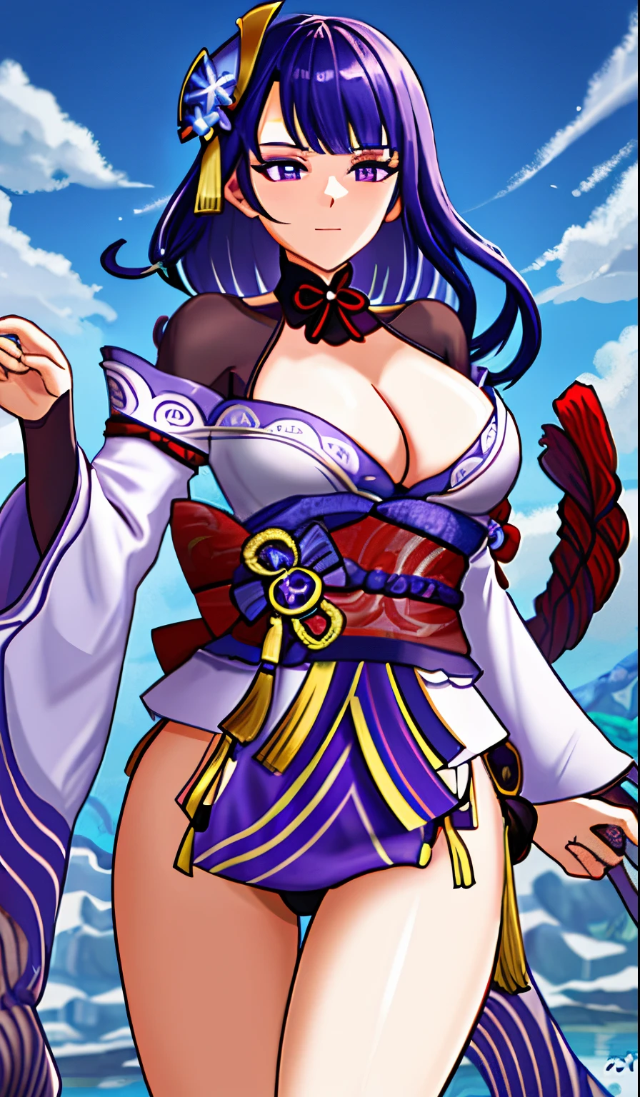Shogun raiden, sensual pose, bikini, large detailed breasts