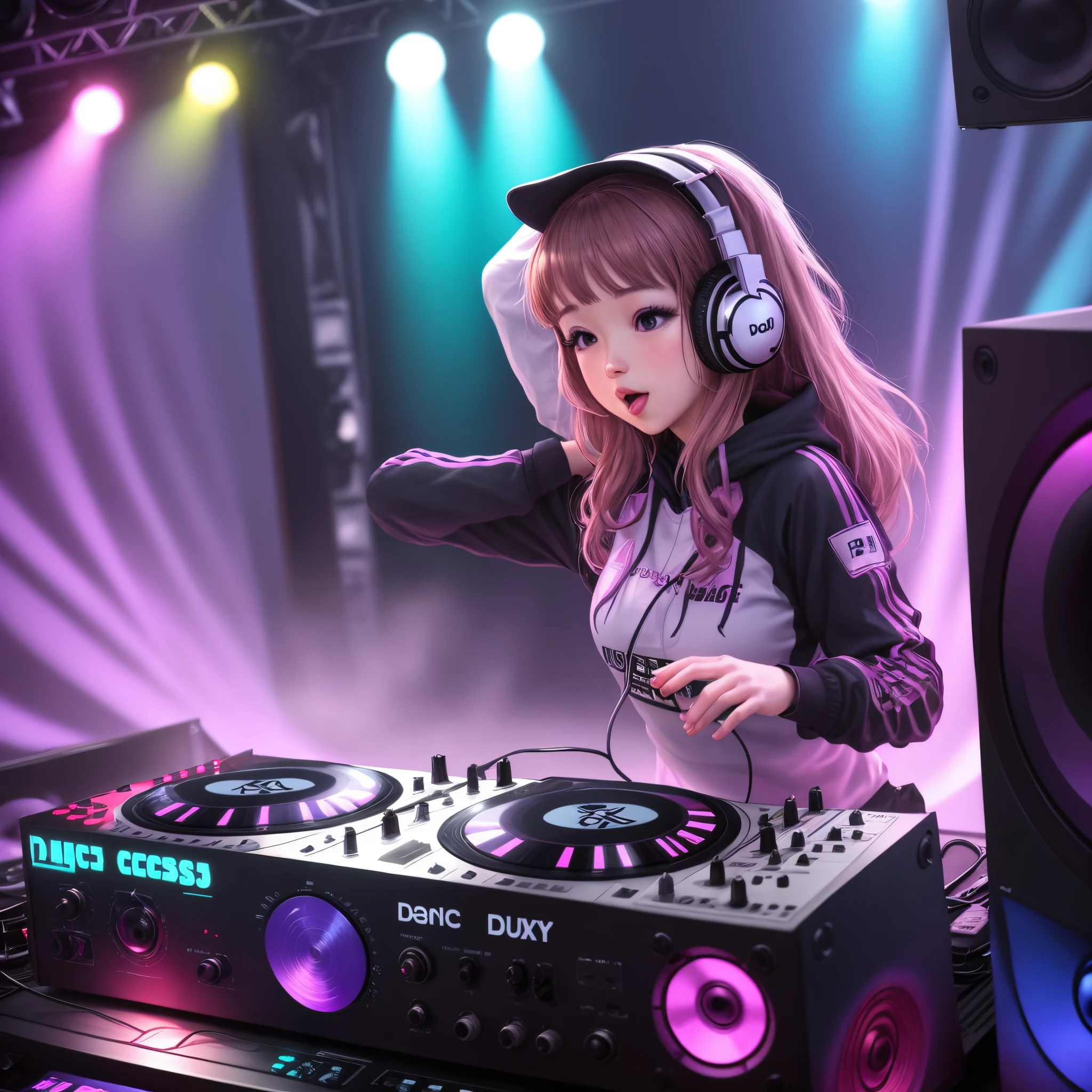 ((best quality)), ((ultradetailed)), ((masterpiece)), (she stands at the DJ console with one hand outstretched showing the victory sign with fingers and controlling the vernier with the other hand:1.8), pretty eyes, big eyes, cute, happy, laser show and lighting devices at background, chibi, fluorescent translucent, glowing body, kawaii, expression pose, intricate detail, high detail, 8k, studio lighting, loli, petite, (child:1.6), chibi , character SD:1.1, 4K