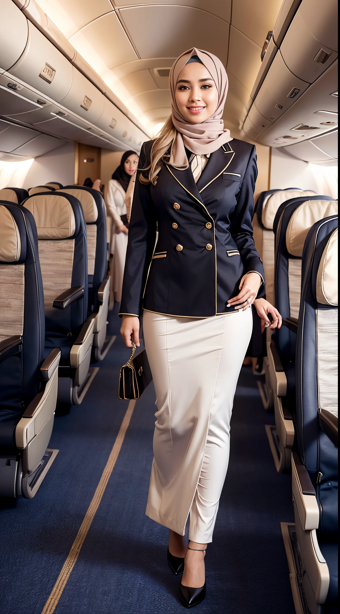 RAW, Best quality, high resolution, masterpiece: 1.3), beautiful Malay woman in hijab (iu:0.8),1woman, 、very detailed face、Detailed lips、Detailed eyes(、Smiling while walking slowly down the aisle)、( Long flight attendant uniform: 1,2)(long skirt),(Glamorous body)、(Big breasts)、thighs, Perfect fit, Perfect image realism, Background with: (Business Class aisle on the plane: 1.2), Cowboy Shot, Deep background - in , detailed costumes, perfect lighting, hyper-realism, (photorealistic: 1.4), maximum resolution 8K, (masterpiece), highly detailed, professional