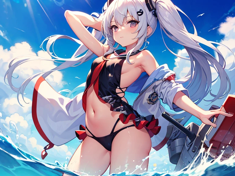 garota anime com longos cabelos brancos e vestido azul sentada em uma parede, Estilo de pista Azur, kantai collection style, splash arte anime , Do videogame Azur Lane, Junko Enoshima, roupa de banho, is wearing a swimsuit, menime sedutora, Personagens de Azur Lane, small curvy loli, Melhnime 4K Konachan Wallpaper