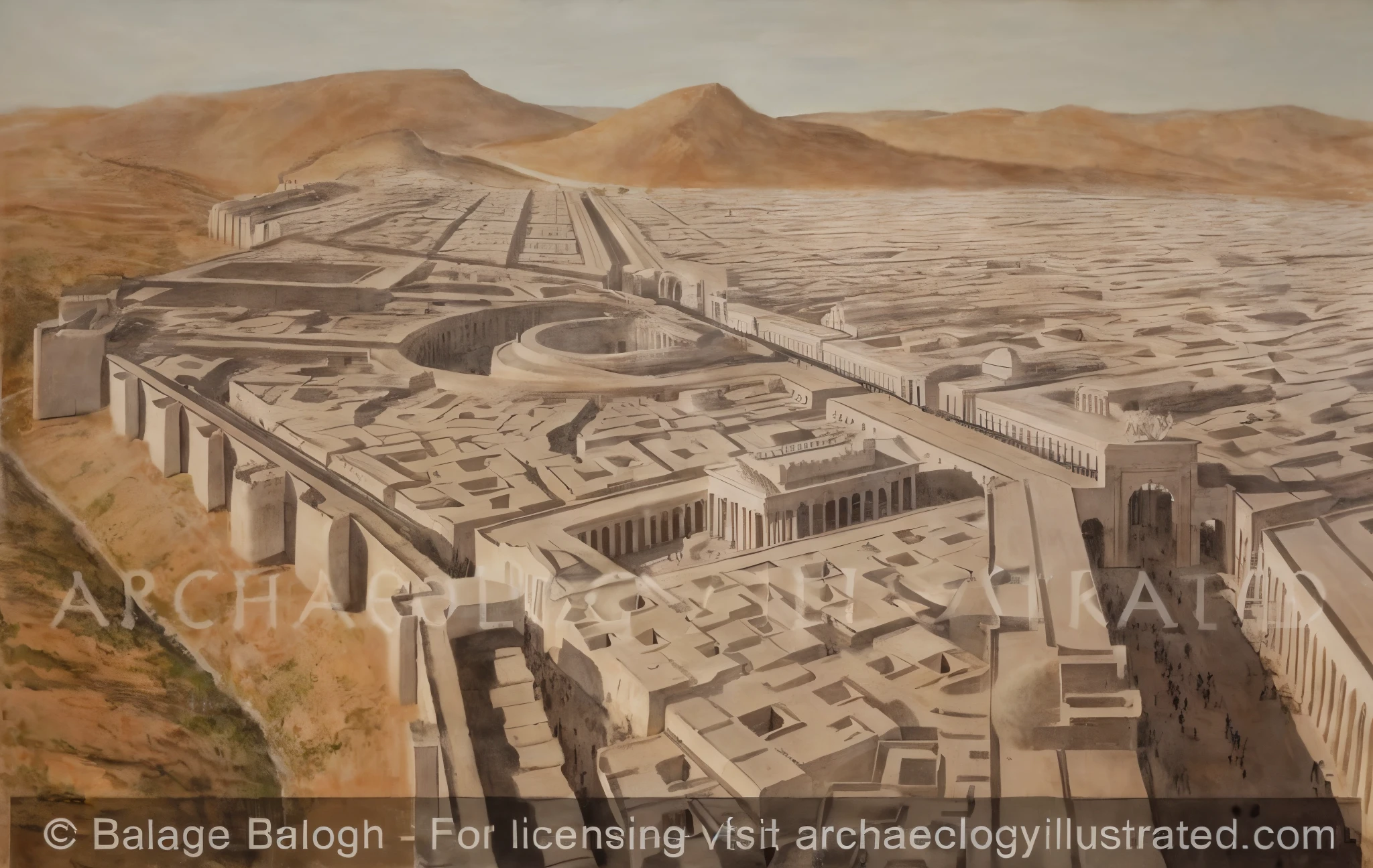 RAW photo, photo of a city with a large building and a mountain in the background, ancient persian city, ancient greek city, ancient city landscape, archeology, ancient city, by Rudolph Belarski, by Caroline Gotch, realistic painting of a complex, exhibited in the british museum, perspective view, highly detailed painting of old, archeological discover, ancient yet futuristic