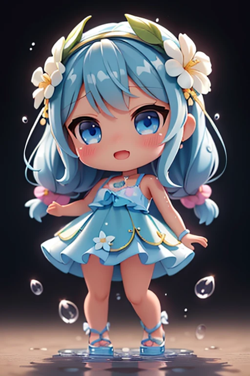 fotoRealstic、Doll standing in front of painting(Nendroid)、Water droplets on the cheeks、Cara de canto feliz、Sengai、Pixiv、RococoStyle、dollfie sonho、aquarela Nendoroid、(High Definition Figure)、Seda iridescente fluindo、para cima do rosto、De olho、Bikini swimsuit(with floral pattern)、There are also flowers in front of the Nendroids、flower petals、water dripping、Shot through a glass full of water droplets.、season!!: 夏天☀ 🍂