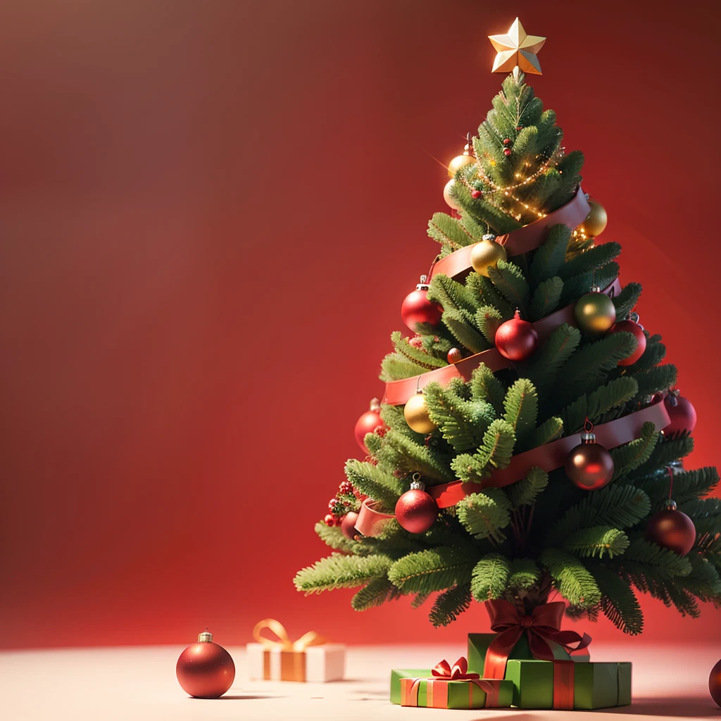Create an image with a solid red background without elements with a Christmas tree coming out of the left side, without interfering in the middle and right side, leaving them free and without elements with a solid background.  Ultra Realistic, 8k, fullhd --auto --s2