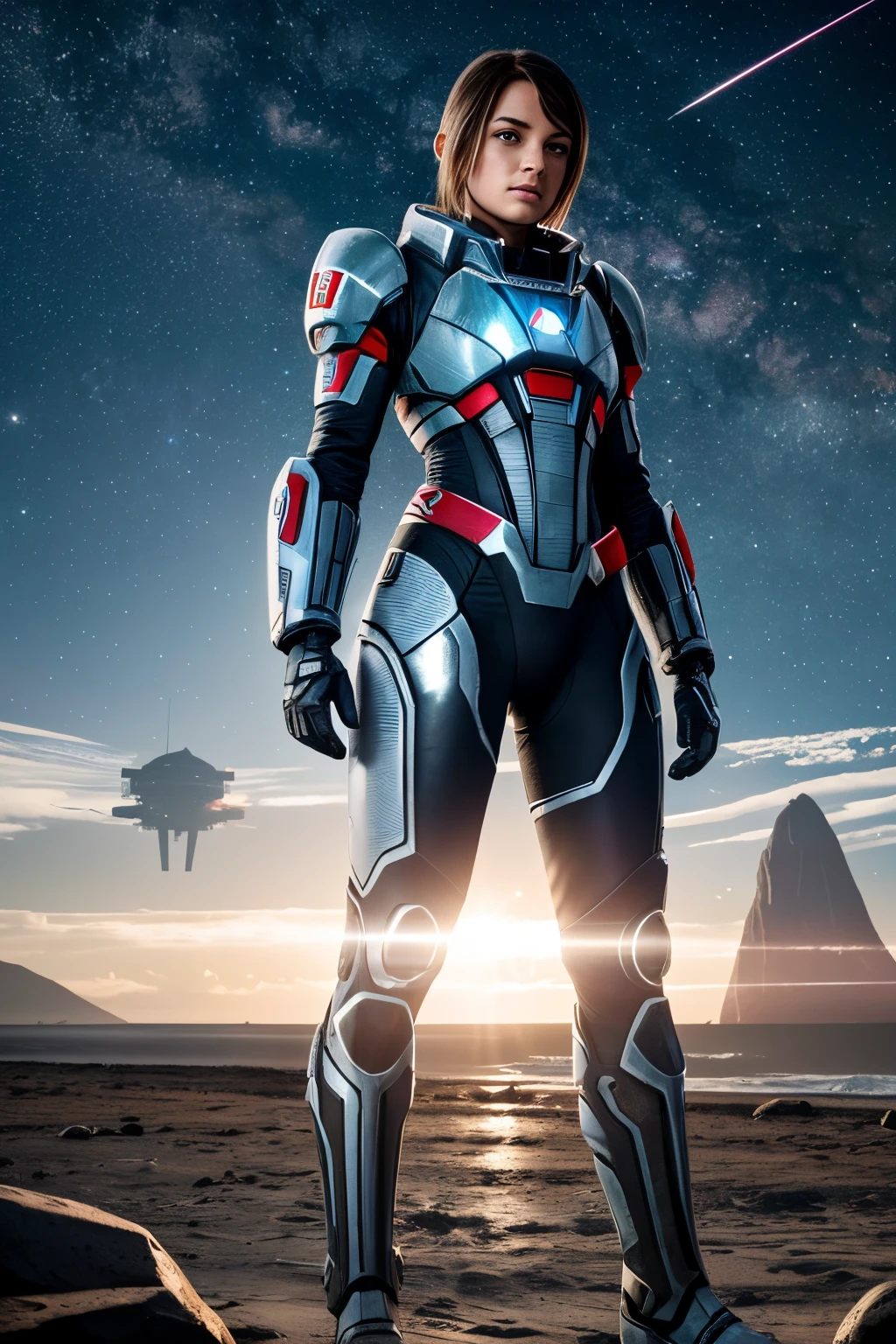 RAW photo, planet Ashcroft , beautiful beach chrome triangular alien buildings, futuristic, diesel punk, ore deep into the earth, reflective light,detailed,8k award-winning photo a 18 yo Texas girl in a silver and blue battle suit with blue led lights "*GF*"logo on chest plate, short blond hair beautiful eyes, beautiful face, standing on a beautiful Spaceship 80mm, bokeh, mass effect, close up black, Broken Glass effect, stunning, breathtaking beauty, pure perfection, divine presence, unforgettable, impressive, breathtaking beauty, Volumetric light, auras, rays, 80mm, bokeh 8k uhd, dslr, soft lighting, high quality, Fujifilm XT3 natural textures 8k masterpiece canon eos r4s 50 8k