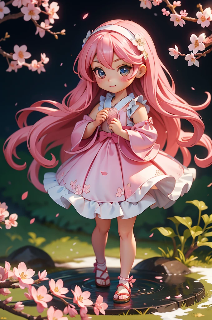 Doll standing in front of painting、louro、cara de sorriso、Sengai、Pixiv、RococoStyle、dollfie sonho、aquarela Nendoroid、(High Definition Figure)、flowing sakura-colored silk、Nendroid、Altamente_circunstanciado!!,cherry blossom petals、seda de flor de cerejeira fluindo、season!!: 🌸 ☀ 🍂 ❄